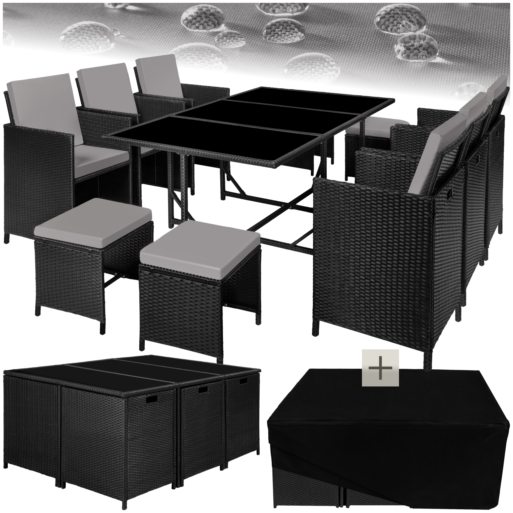 Salon De Jardin Pour 6 À 10 Personnes Avec Plateaux En Verre De Sécurité Pliable, Housse De Protection Incluse