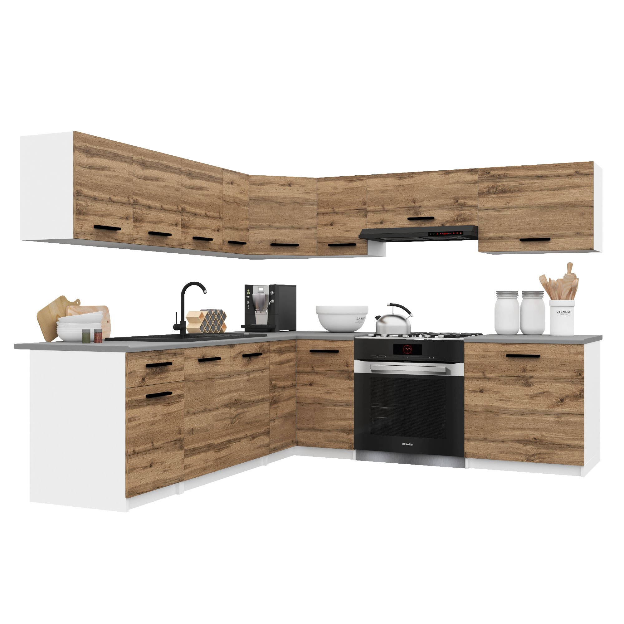 Belini Italia 7 Cuisine Equipée Modulaire Complète - 420 Cm. Meubles Hauts Bas Avec Plan De Travail, Brun Doré