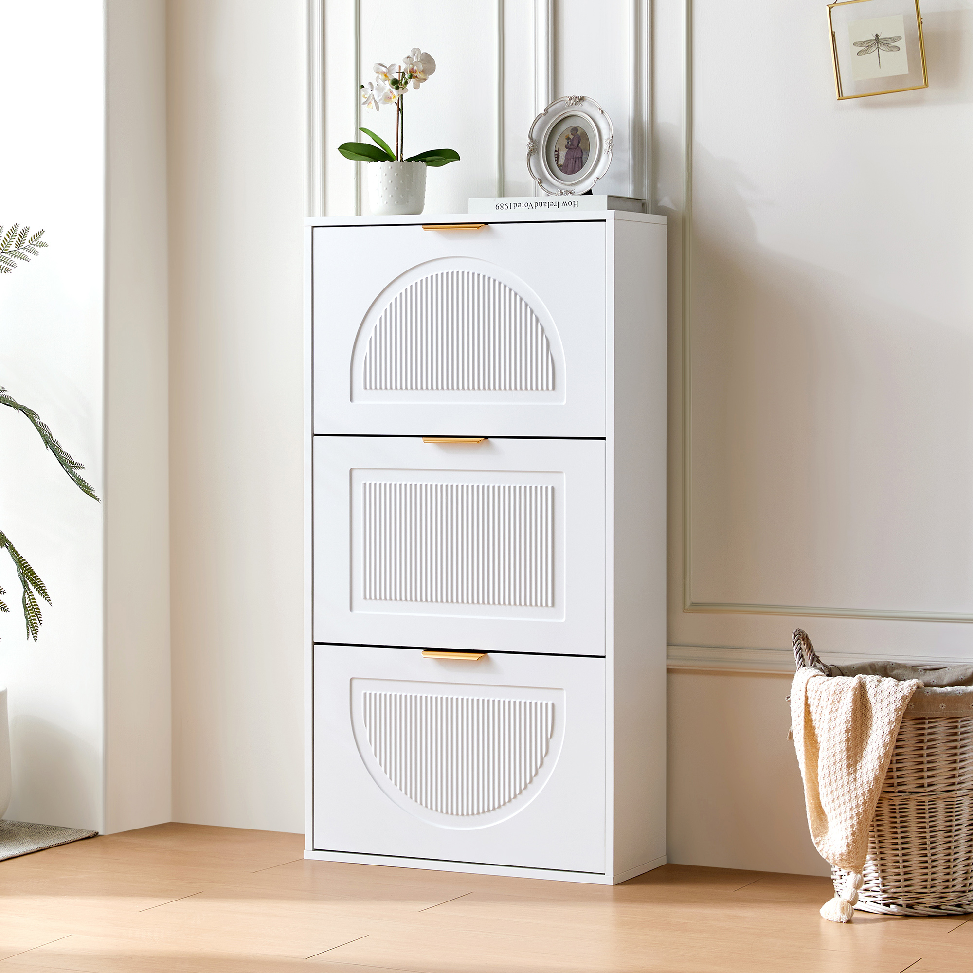 Modernluxe – Meuble À Chaussures Blanc 60x24x114cm – 3 Portes Abattantes – Mdf – Design Moderne – Anti-basculement Pour Sécurité