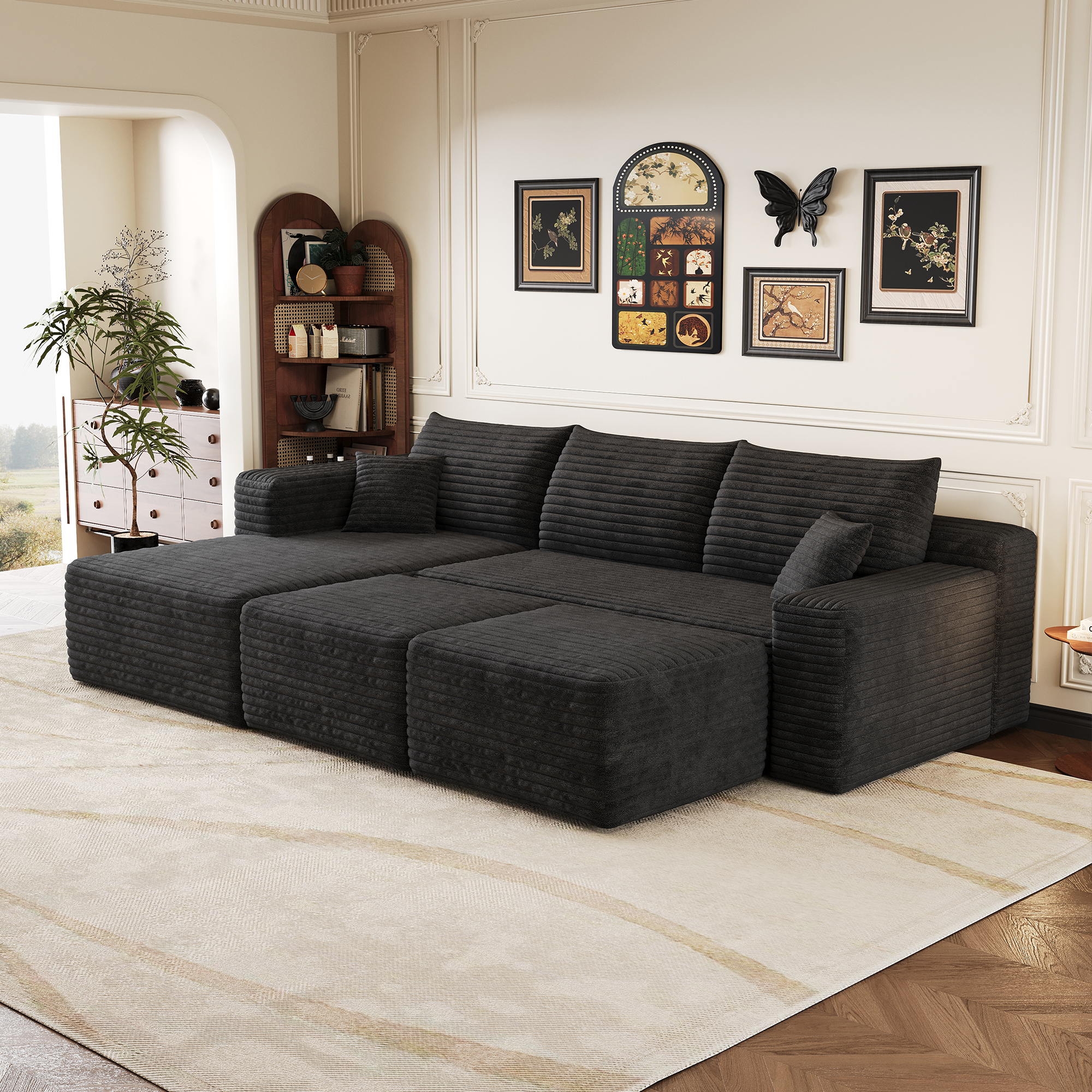 Canapé Lit Compressé En Velours Côtelé Noir,3 Places + 2 Poufs,chaise