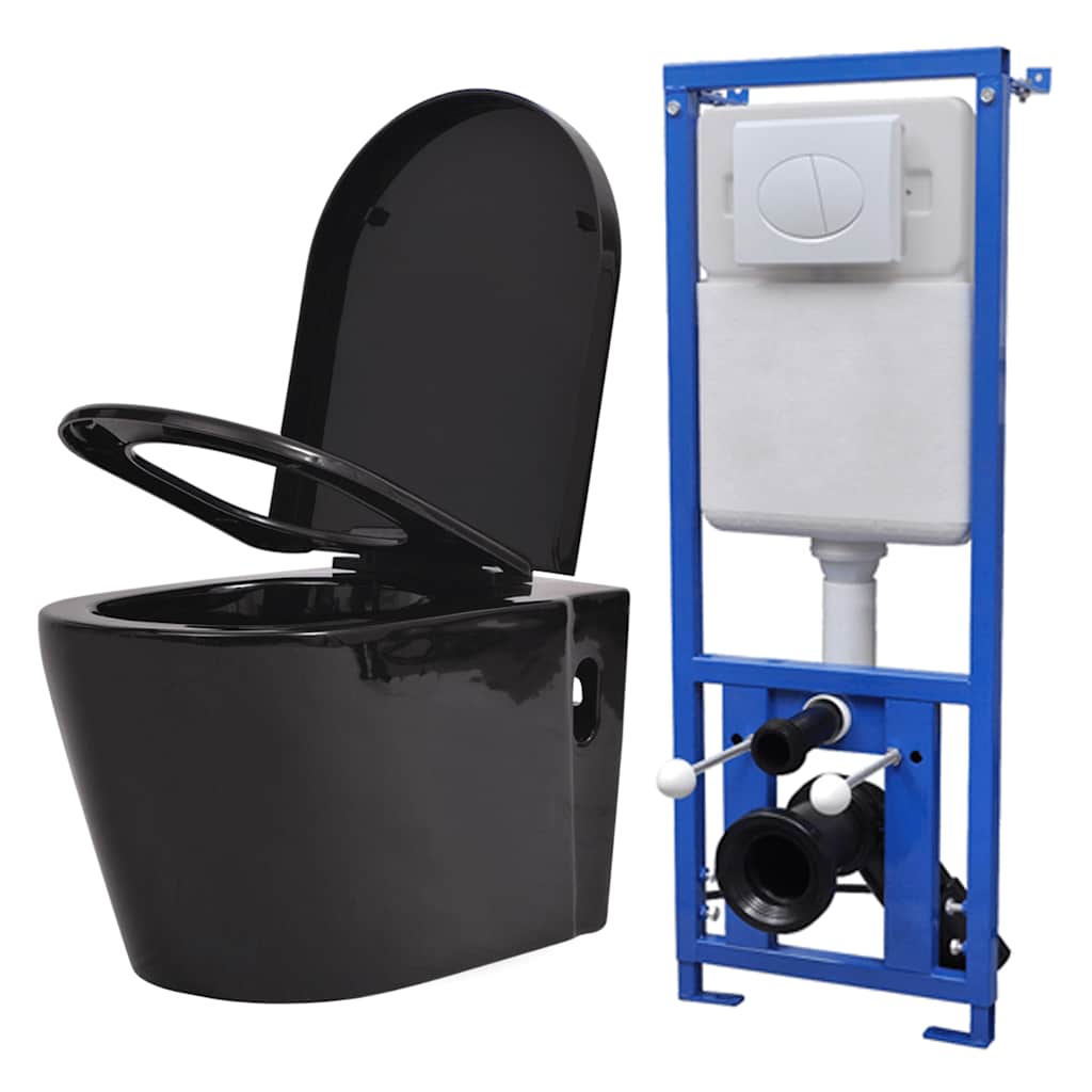 Vidaxl Schwarz Wall Hung Toilet With Concealed Cistern Ceramic Black (244271+142249)