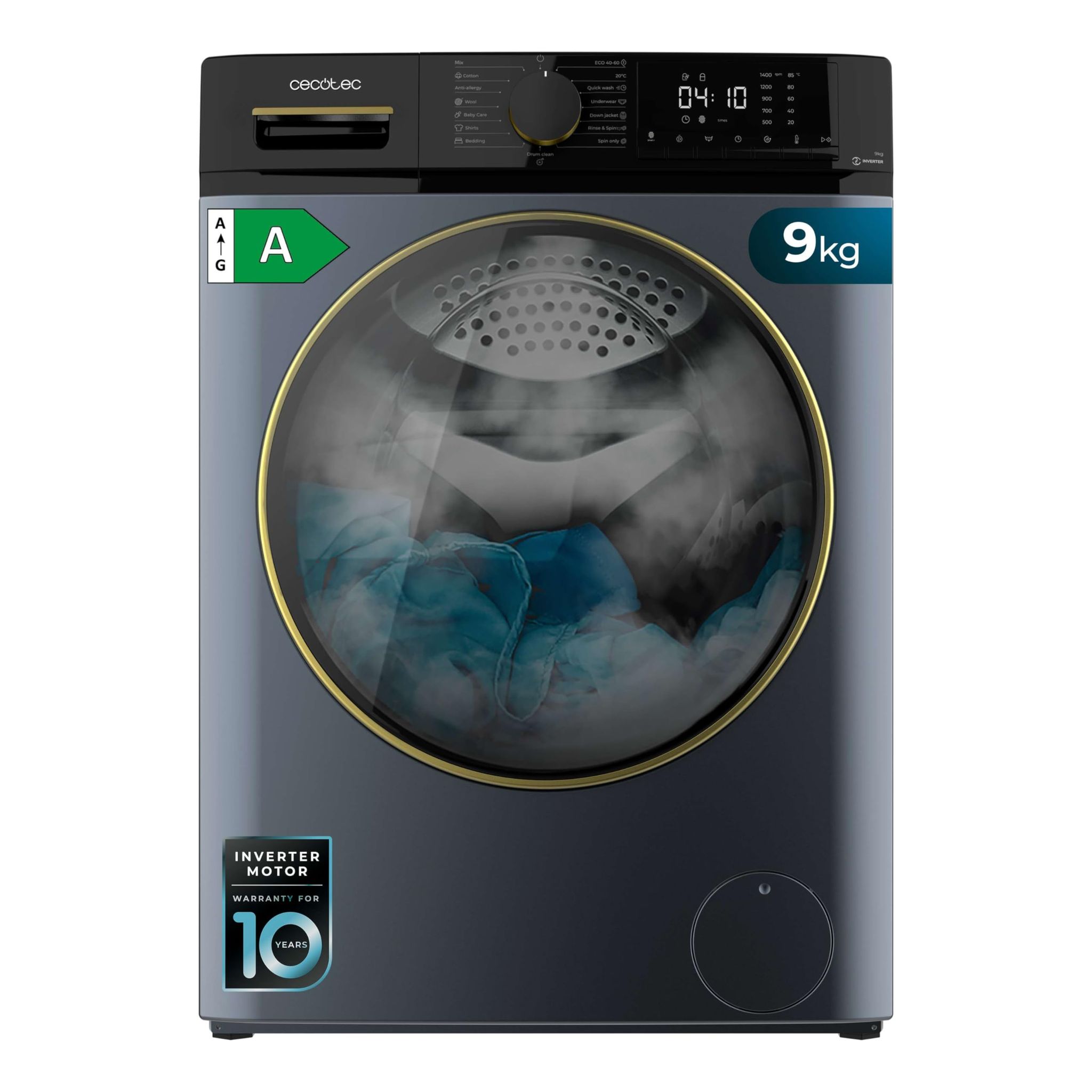 Cecotec - Lavatrice De Carico Frontale Ice Bluede 9 Kg De Capacità, 1400 Giri/min, Classe A, Vapore Max, Motore Inverter Plus, 15 Programmi, Onsmart, Fuzzy Logic, Smooth Wash, Stop&ampgo, Gomma Antibatterica E