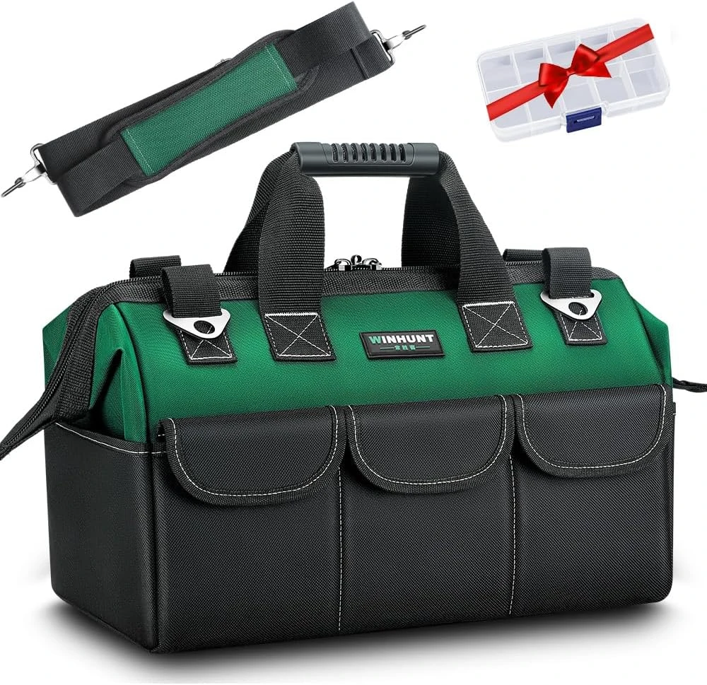 Sac à outils 33 cm à large ouverture en tissu Oxford 1680D, 14 poches, bandoulière réglable, vert