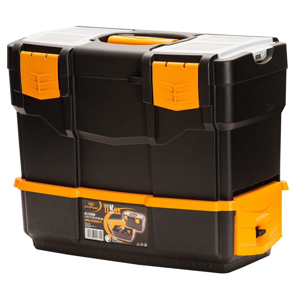 Boîte à outils en PP avec plateau amovible, 420 x 220 x 340 mm, noir et jaune