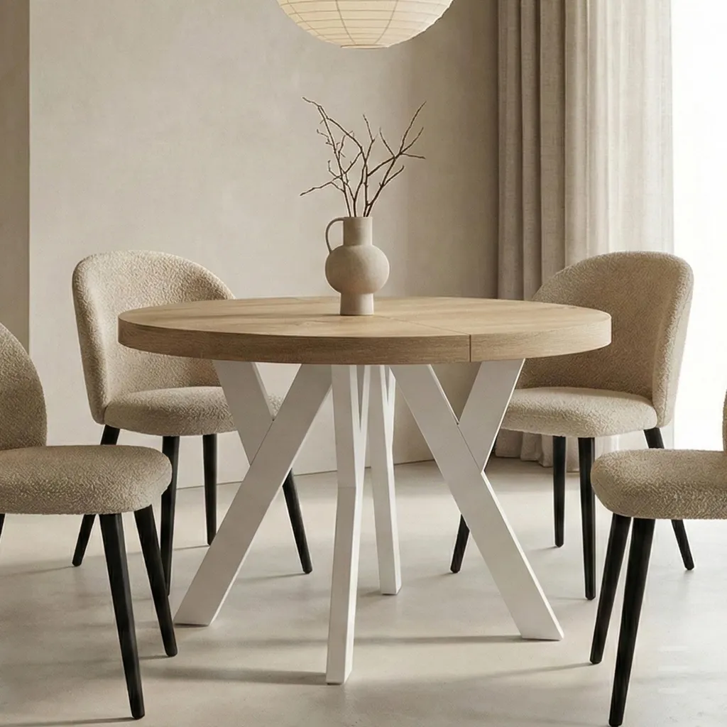 Table De Salle À Manger Ronde Extensible Pero, Style Loft, Scandinave, Diamètre : 100 / 150 Cm, Couleur : Sonoma / Blanc