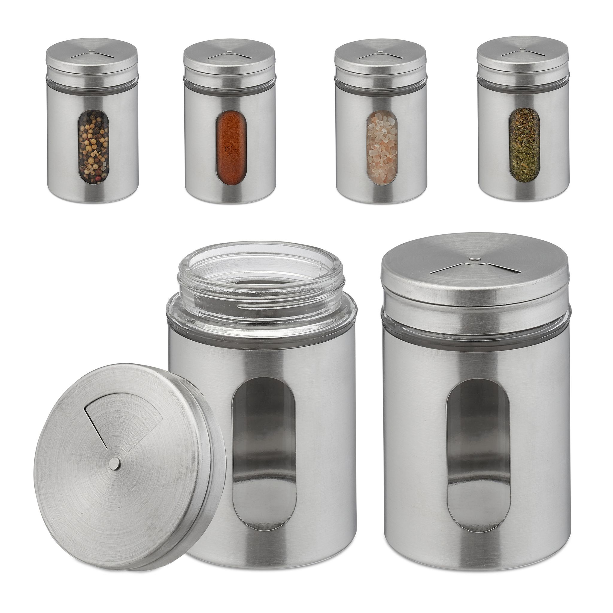 Relaxdays - Portaspezie, Set Da 6 Barattoli, 3 Aperture Diverse, 290 Ml, Xl, Coperchio Forato, Vetro, Acciaio, Argentati