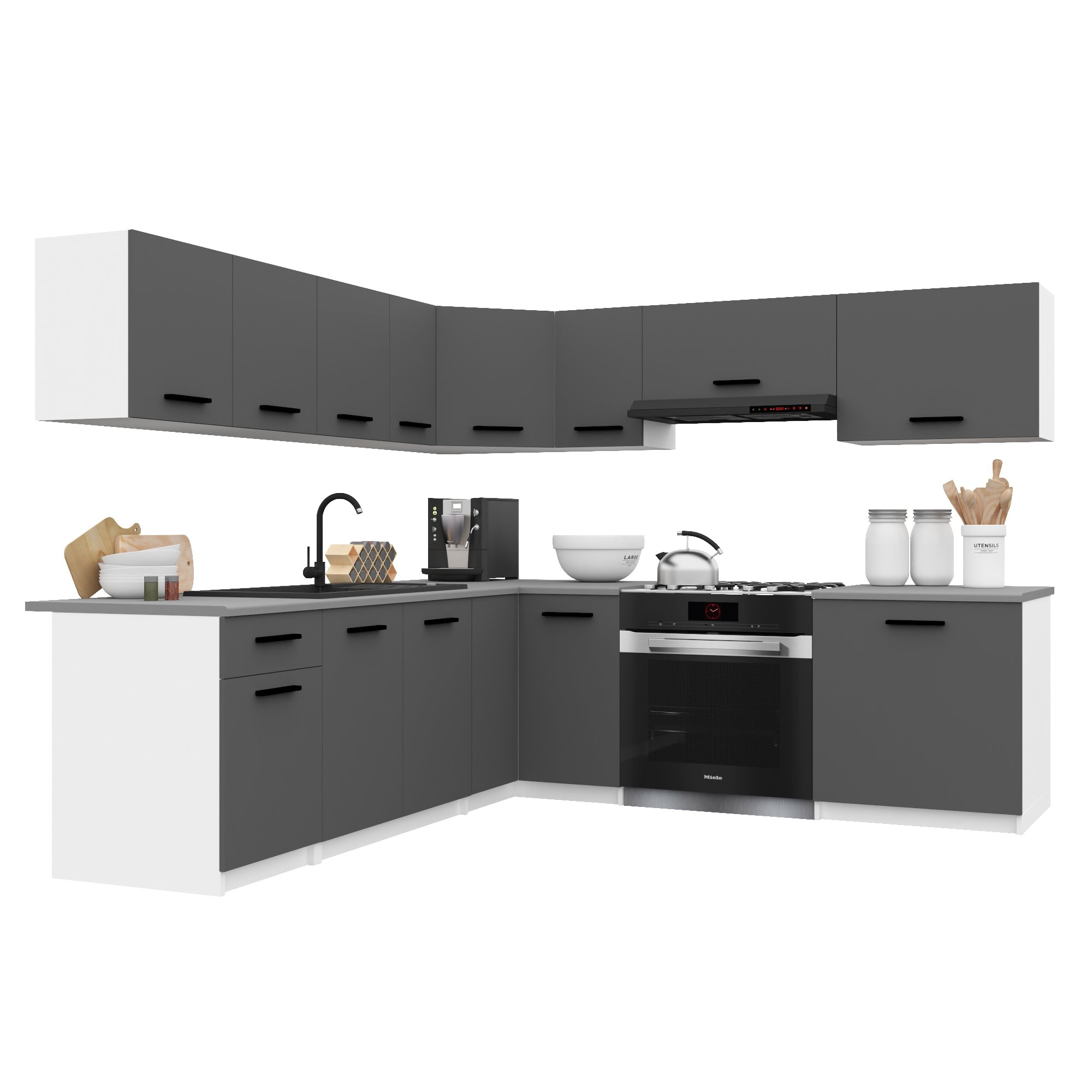 Belini Italia 7 Cuisine Equipée Modulaire Complète - 420 Cm. Meubles Hauts Bas Avec Plan De Travail, Gris Mat