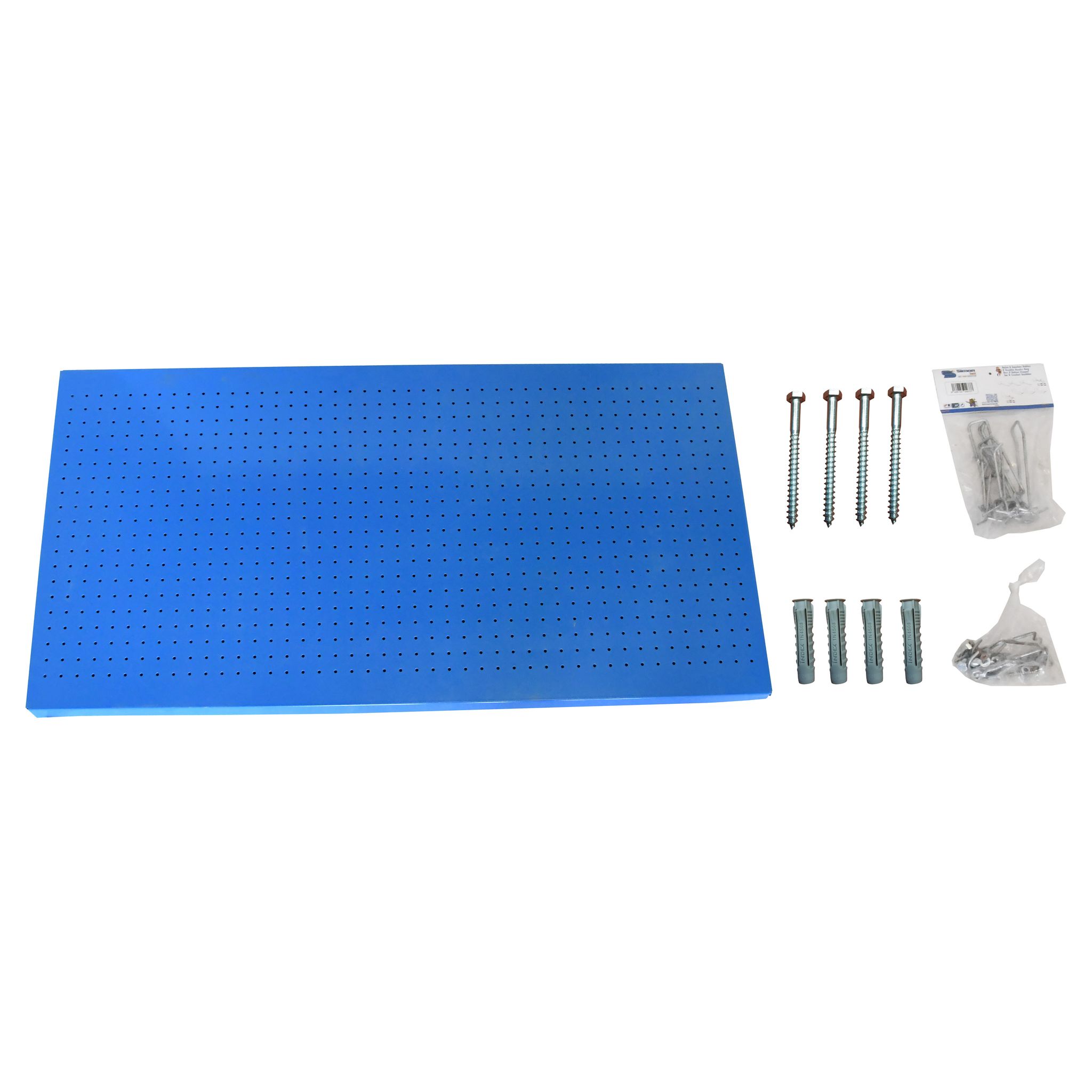 Panneau de rangement mural en métal bleu, 14 crochets et 3 accessoires inclus