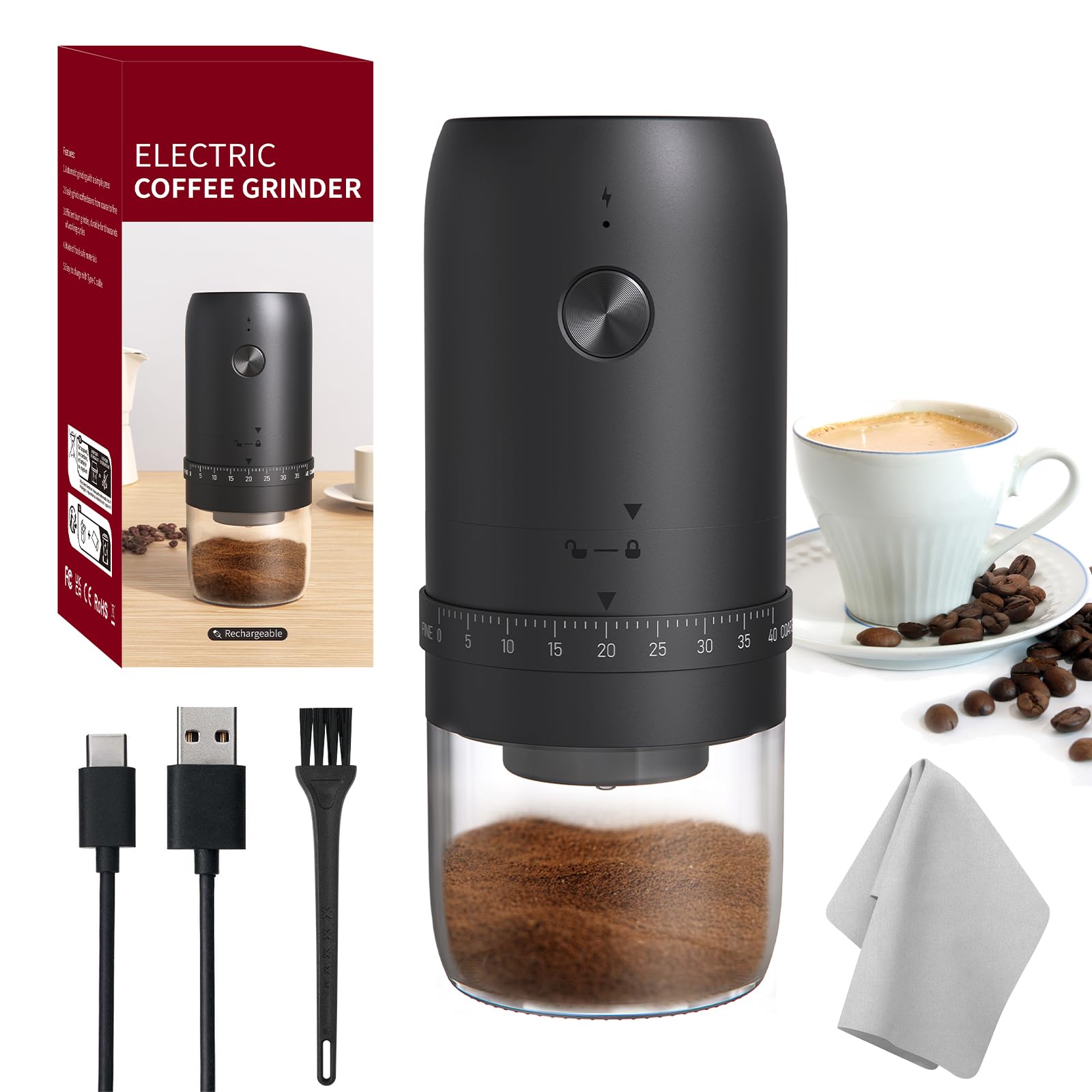 Macinacaffè Elettrici, Piccolo Macinacaffè Ricaricabile, 40 Livelli Di Macinatura Regolabili, Macinacaffè Elettrico Con Nucleo In Ceramica, Macinacaffè Ricaricabile Da 1800 Mah Per Viaggi E Campeggio