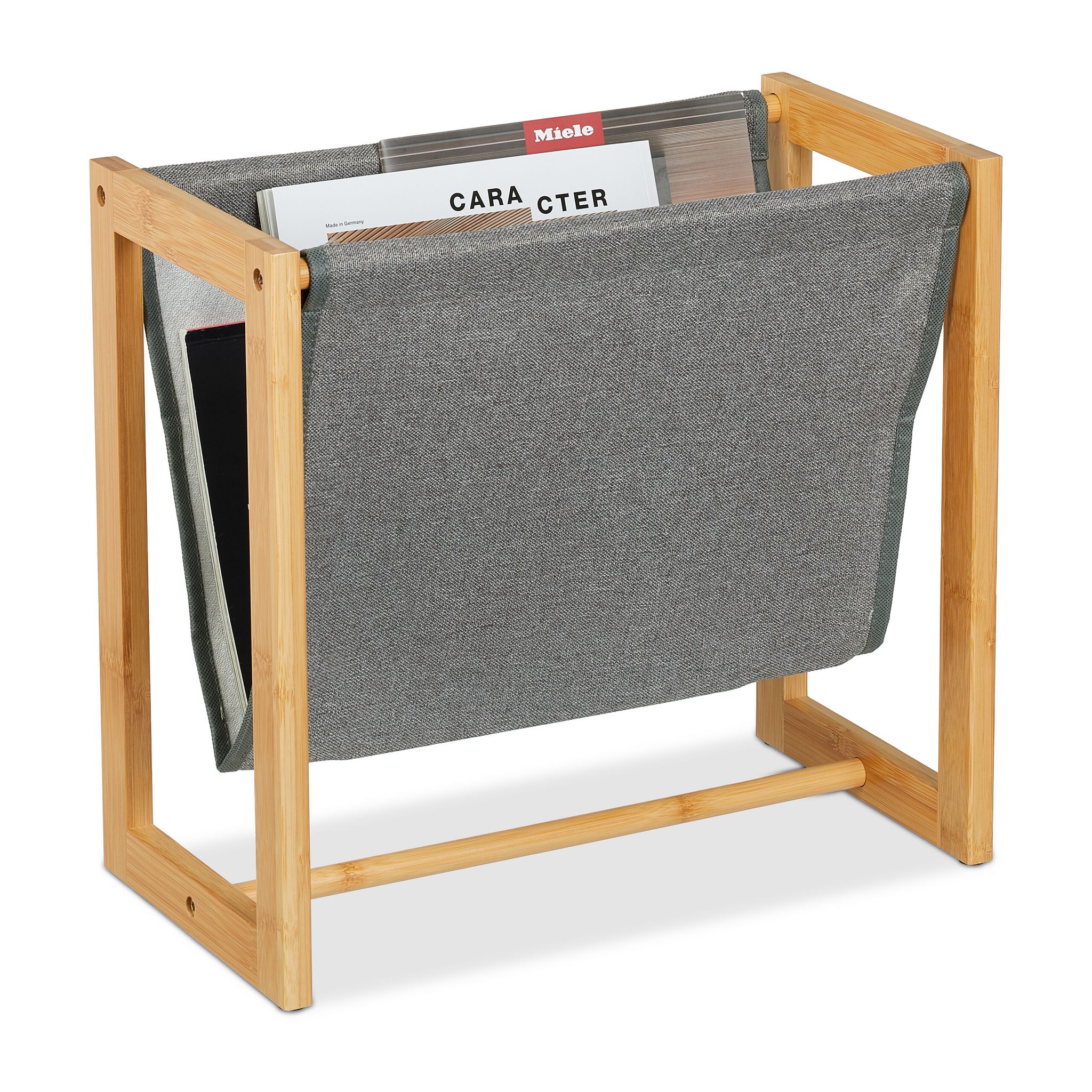 Relaxdays Magazine Rack, Bamboo & Fabric, Hwd, 37 X 39.5 X 21 Cm, A4, Newspaper Stand, Catalogue Holder, Natural/grey