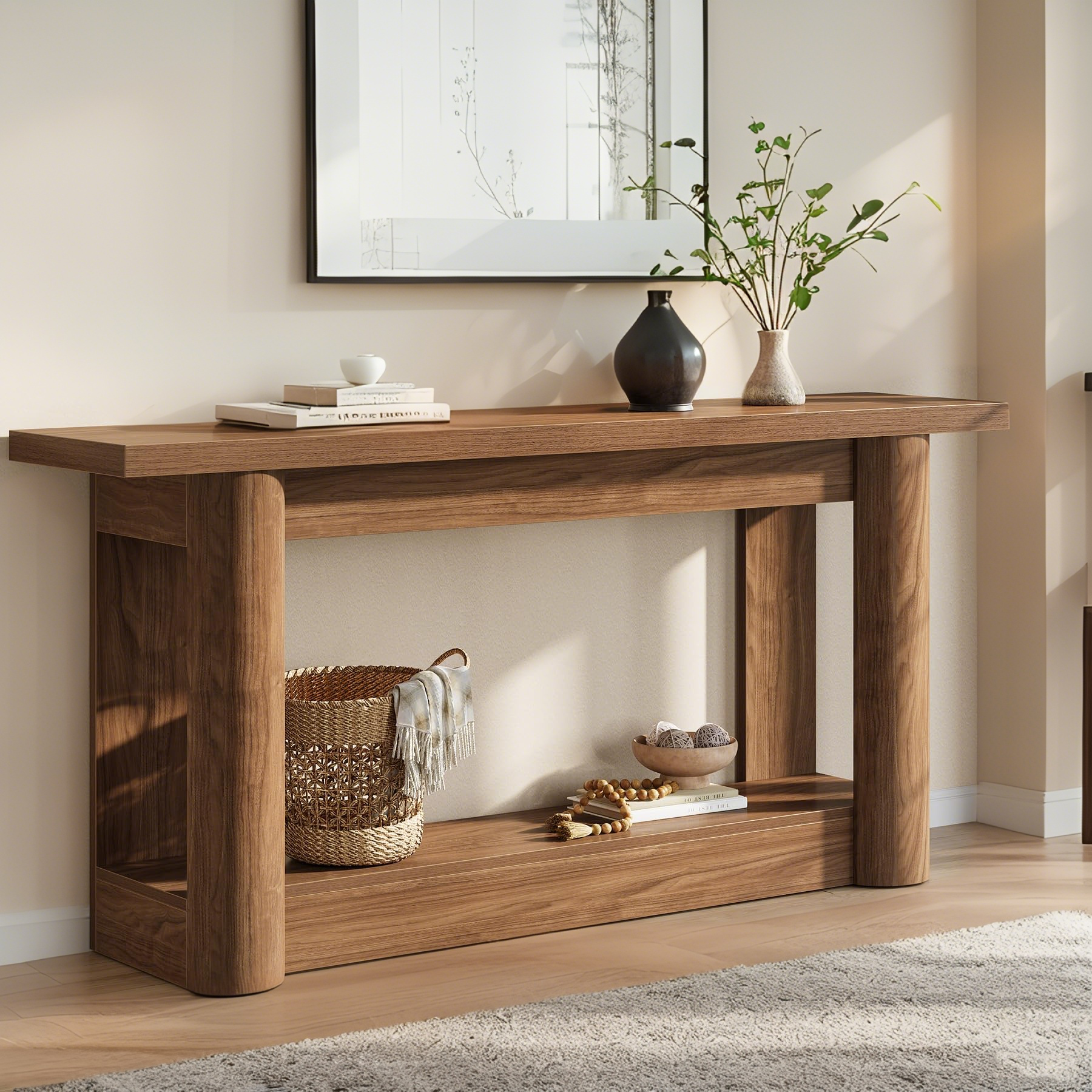 Table Console En Bois D'Ingénierie Marron – Longueur 160 Cm, Largeur 30 Cm, Hauteur 80 Cm – Style Industriel, 2 Niveaux, Multifonctionnelle