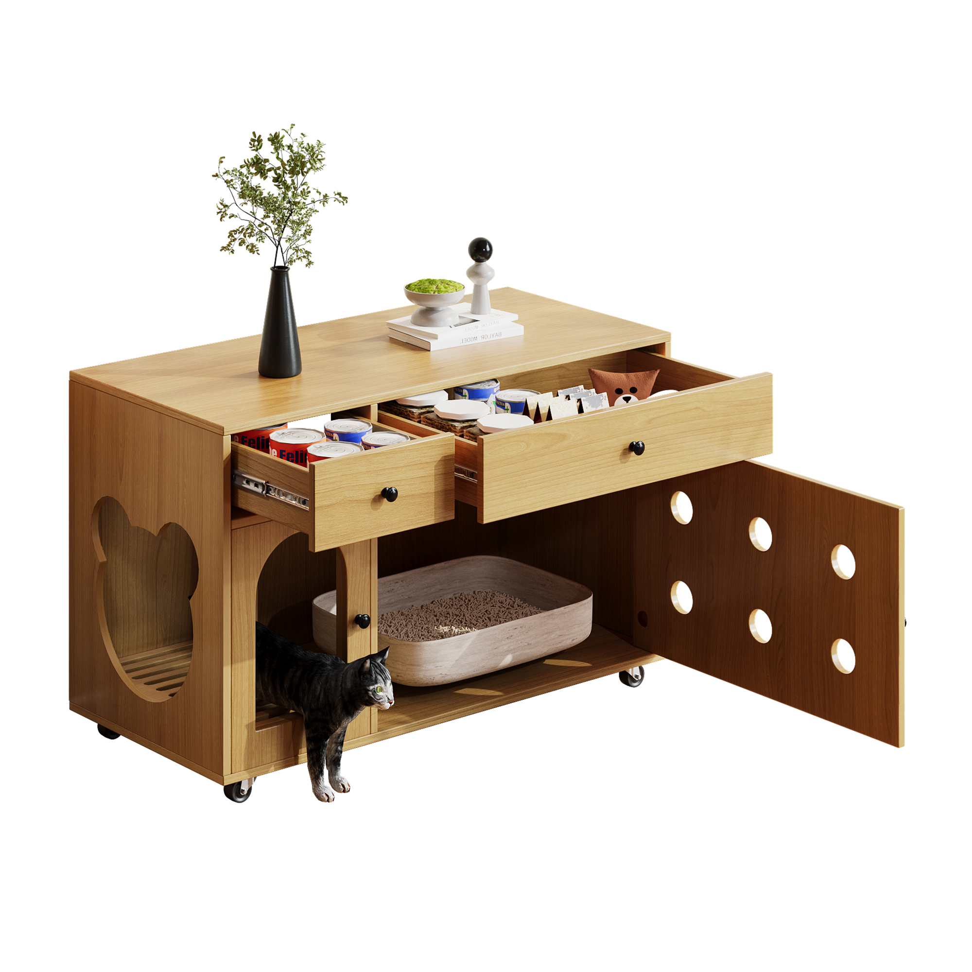 Stilvora Verstecktes Katzenklo Möbel Mit 2 Schubladen Und Rollen, Katzenschrank Für Wohnzimmer Aus Mdf 100 × 45 × 66 Cm