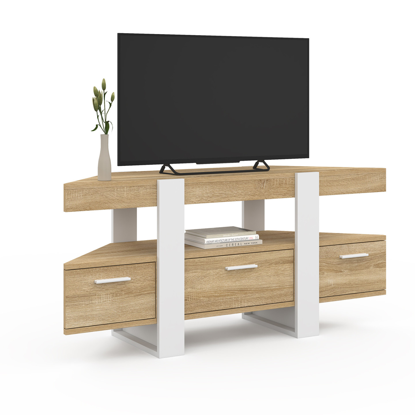 Idmarket - Meuble Tv 110 Cm D'Angle Phoenix Avec Tiroir Bois Et Blanc