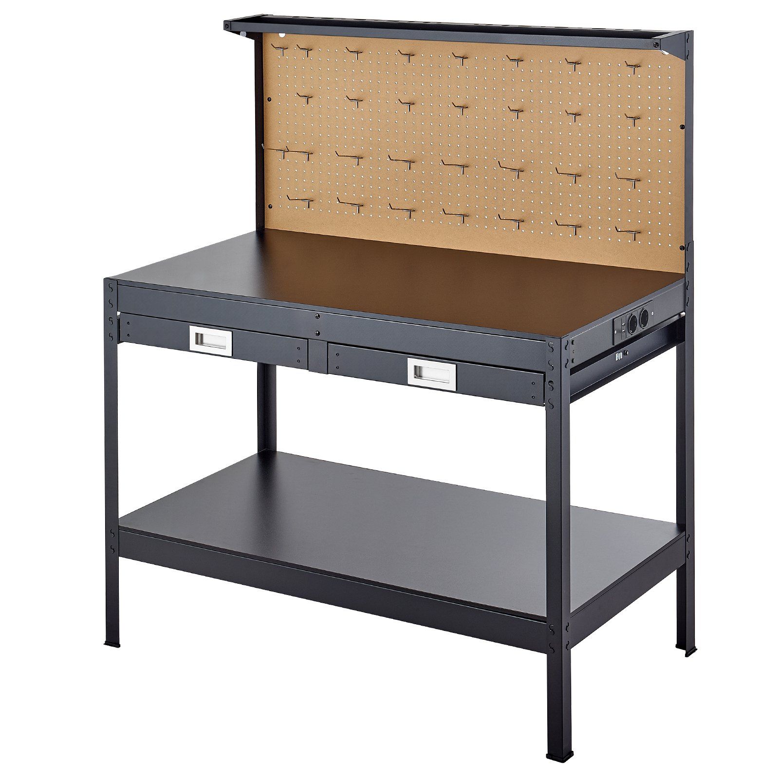 Établi d'atelier en bois massif, plan de travail 1200 mm, capacité 110 kg, panneau perforé, 4 prises AC et 2 ports USB, lot de 30 crochets