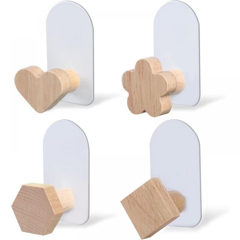 Crochets muraux adhésifs en bois massif et acier inoxydable, motifs fleur, cœur, hexagones et carrés, lot de 4
