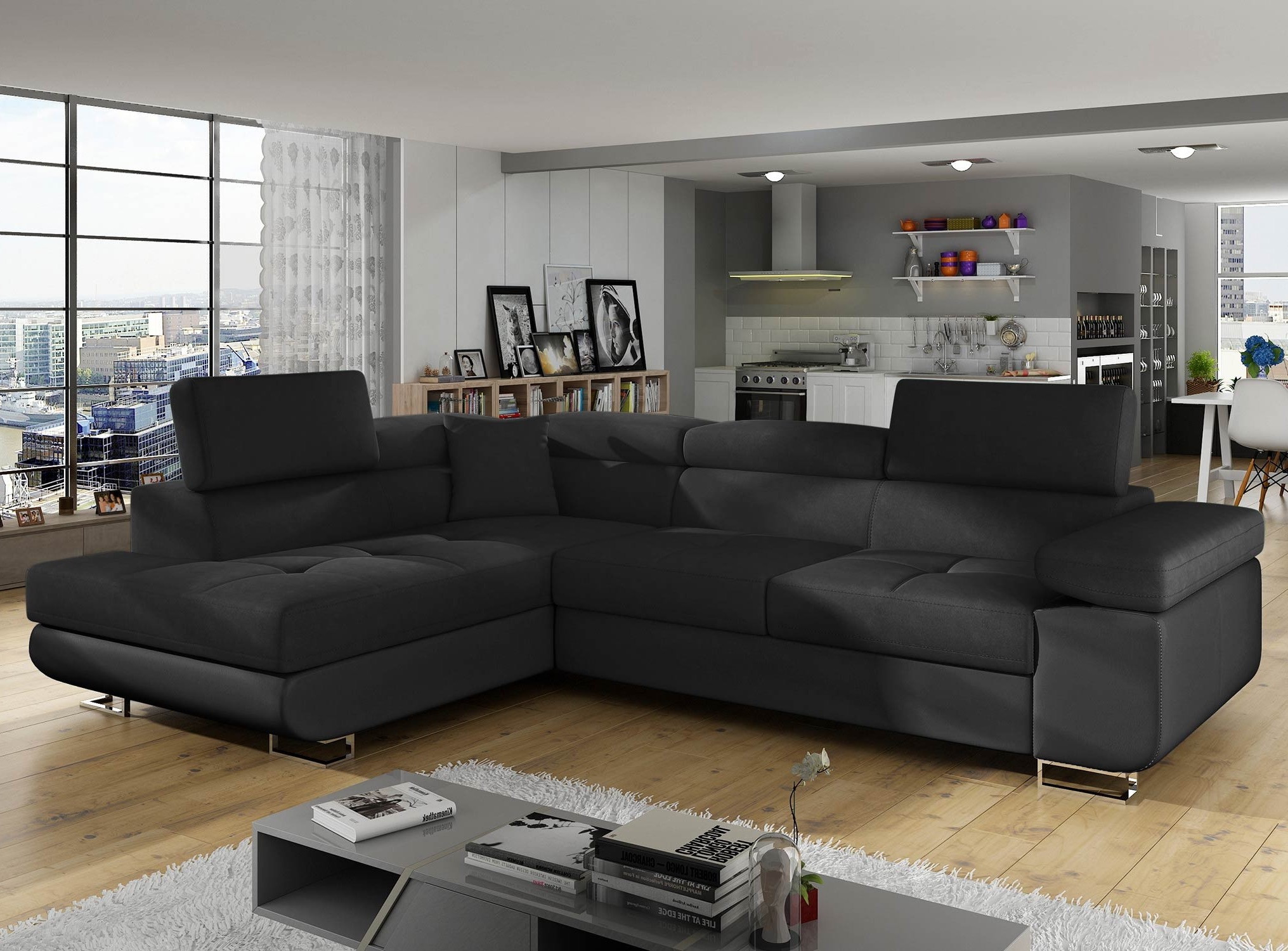 Cotecosy - Canapé D'Angle Gauche Convertible Simili Noir Marka 275cm