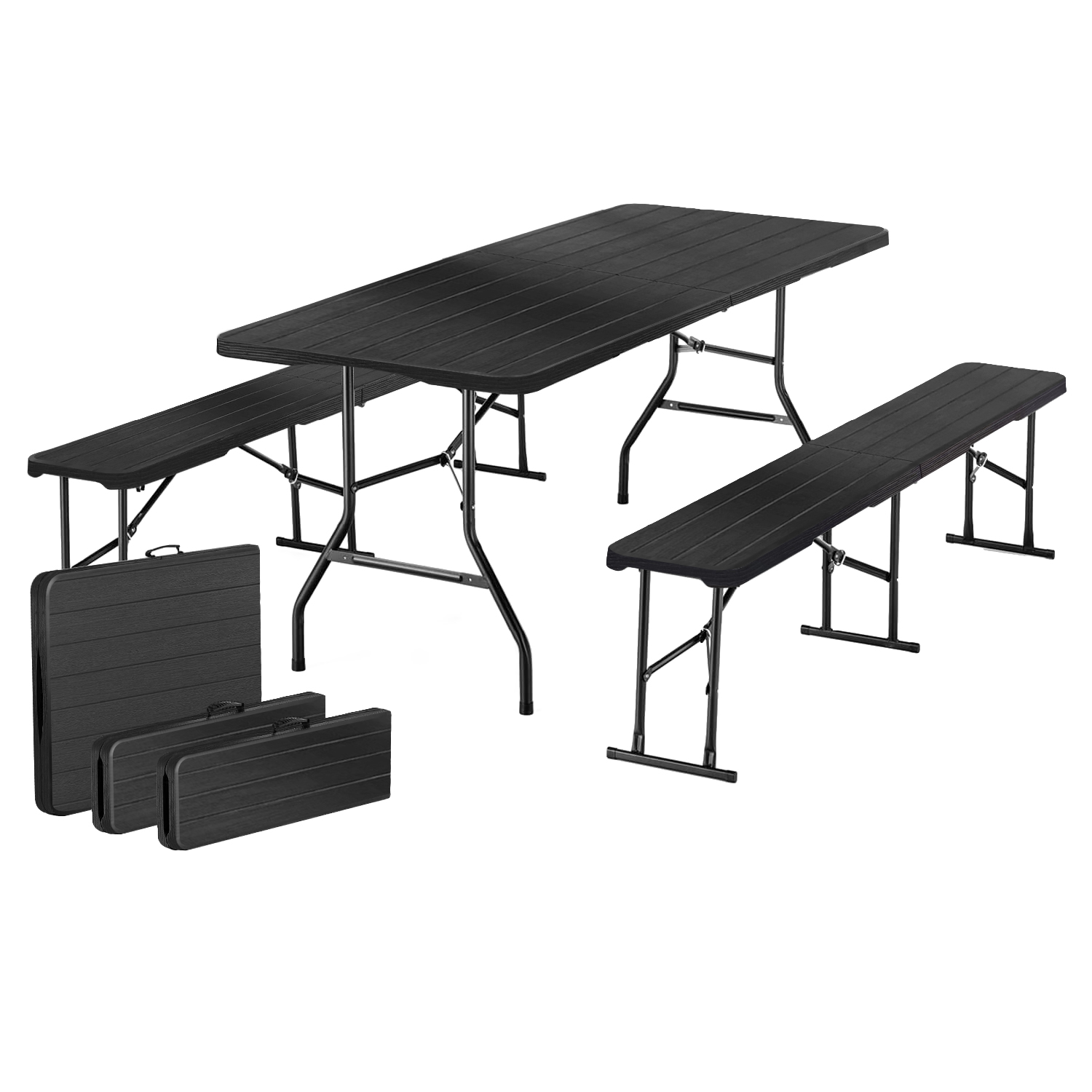 Ensemble Table Et 2 Banc Pliante - Table De Jardin 8 Personnes - Ensemble Table Et Banc Exterieur Pour Jardin Terrasse Et Balcon - Noir