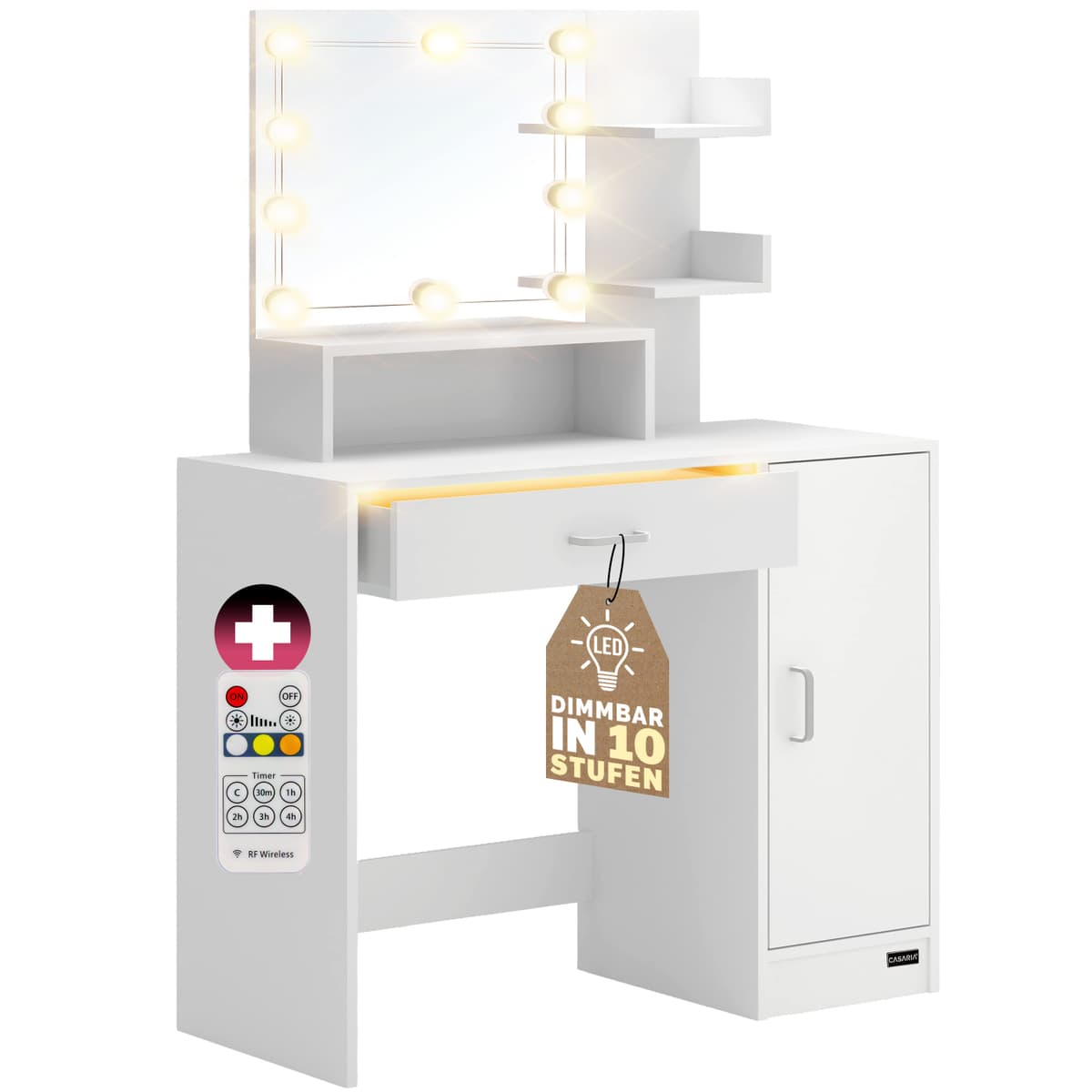 Schminktisch Jocelyn Mit Led-beleuchtung Spiegel Schublade 3 Ablagen Make-up Schlafzimmer Kosmetiktisch Frisiertisch Schminkkommode Holz Weiß 137x90x38cm Weiß Mit Led - Casaria