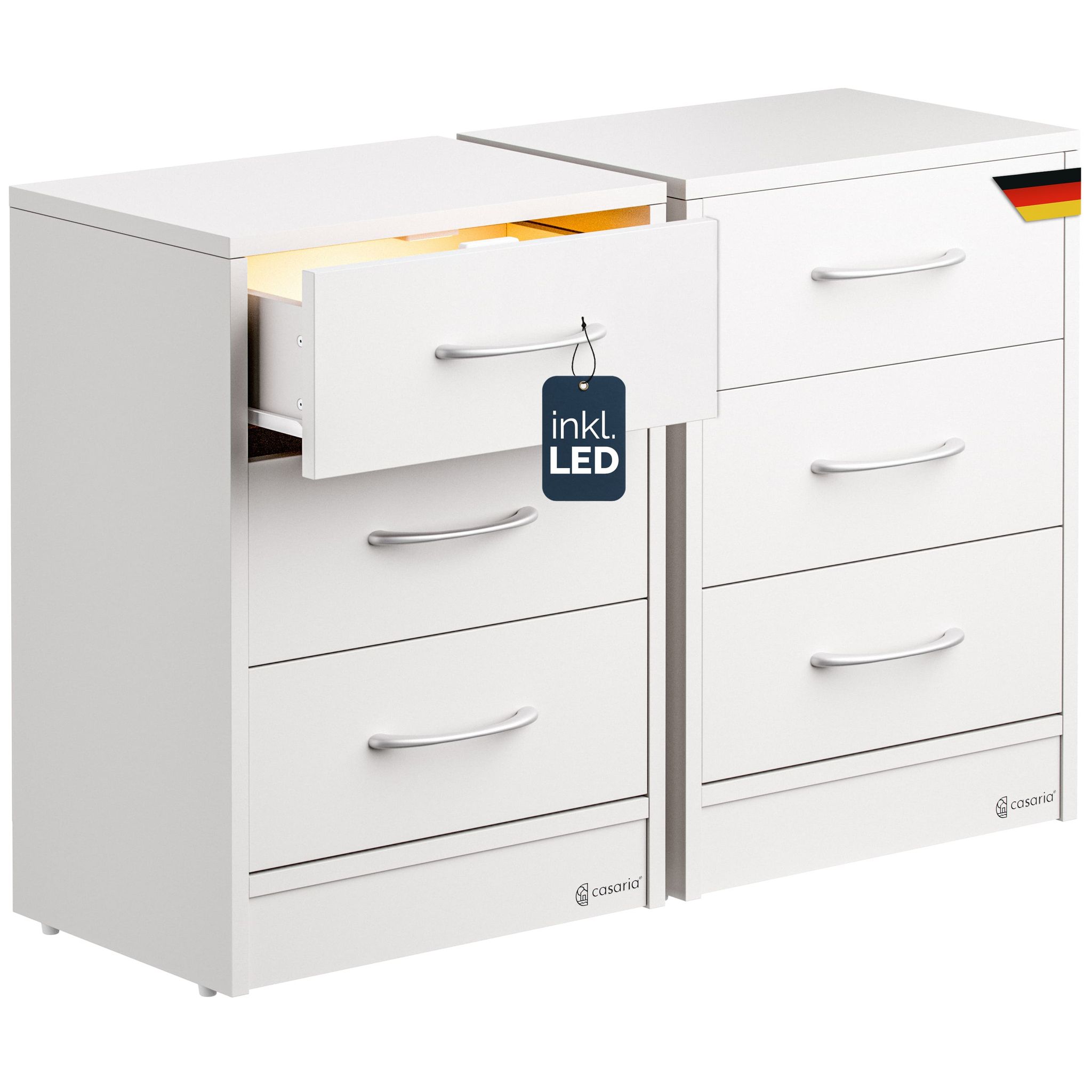 Nachttisch Eloise 3 Schubladen Kabelführung Wandbefestigung Boxspringbett Schlafzimmer Nachtschrank Nachtkonsole Nachtkommode Holz 54x39x28cm 2er Set Led Weiß - Casaria