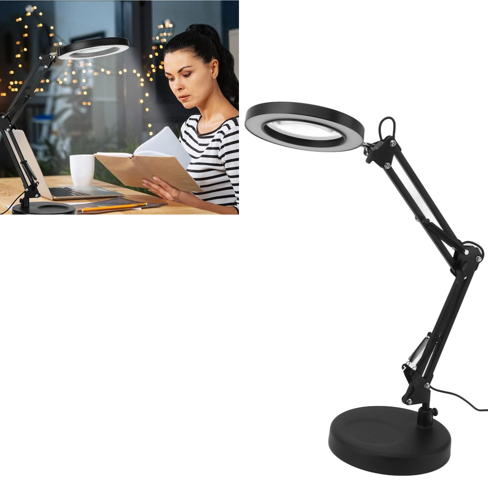 Lampe loupe 10x sur pied, 3 couleurs et 10 niveaux d'intensité, bras aluminium rotatif à 360°