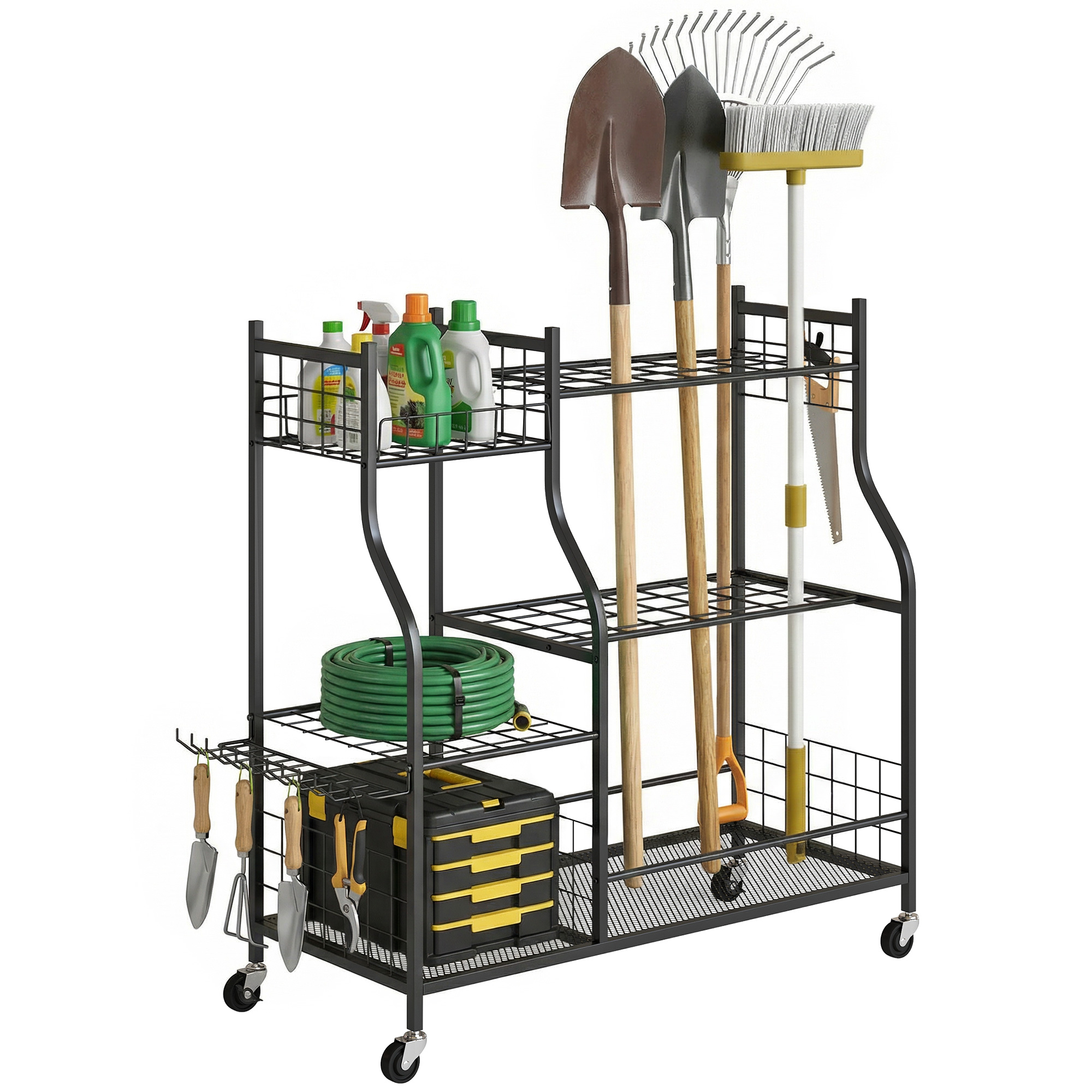 Support range-outils de jardin 3 niveaux, 32 emplacements, 11 crochets, acier laqué, 104x40x95 cm