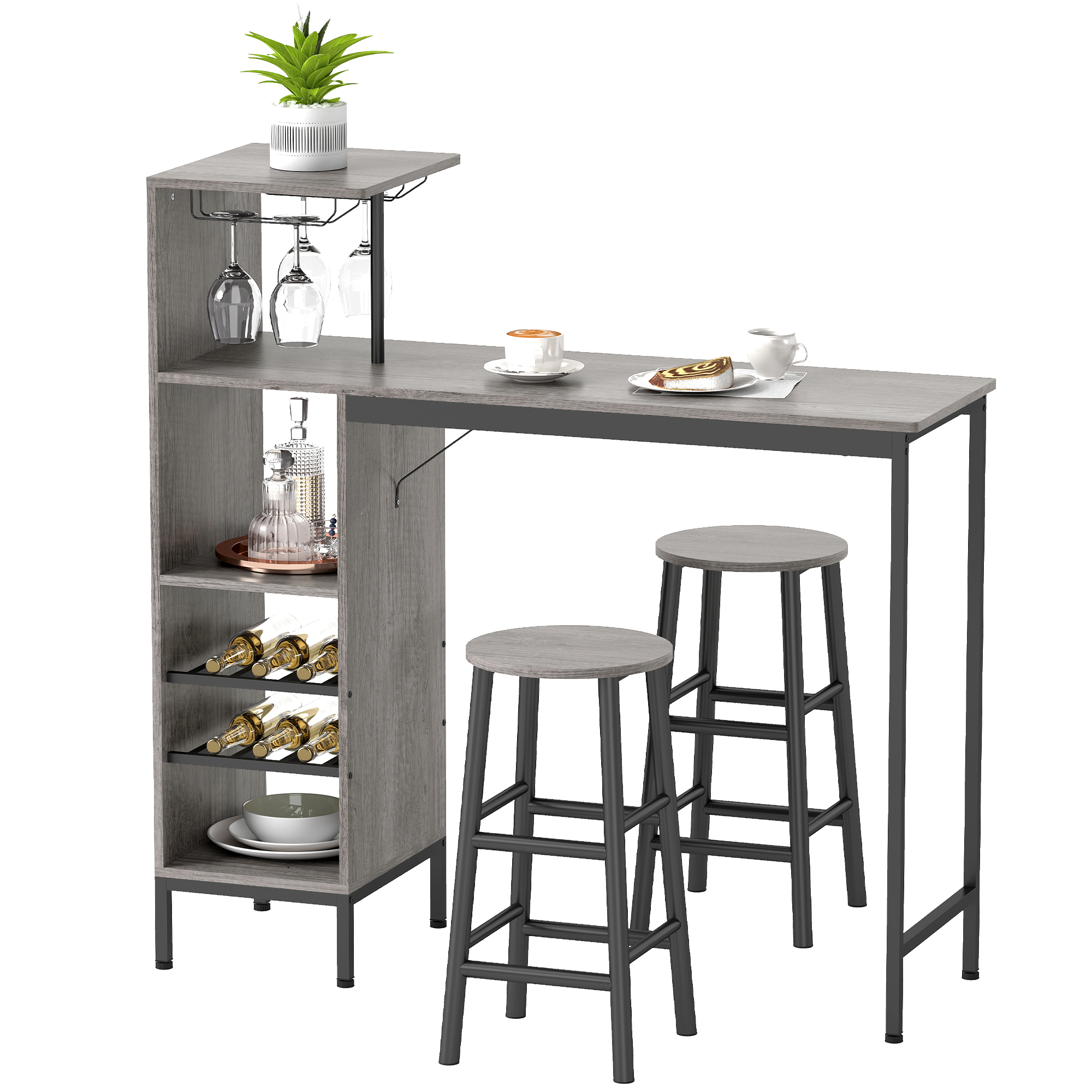 Homcom – Ensemble Table De Bar Avec 2 Tabourets Ronds – Style Industriel Avec Étagères De Rangement Et Casiers À Vin – Dimensions Table 121,5x40x122 Cm