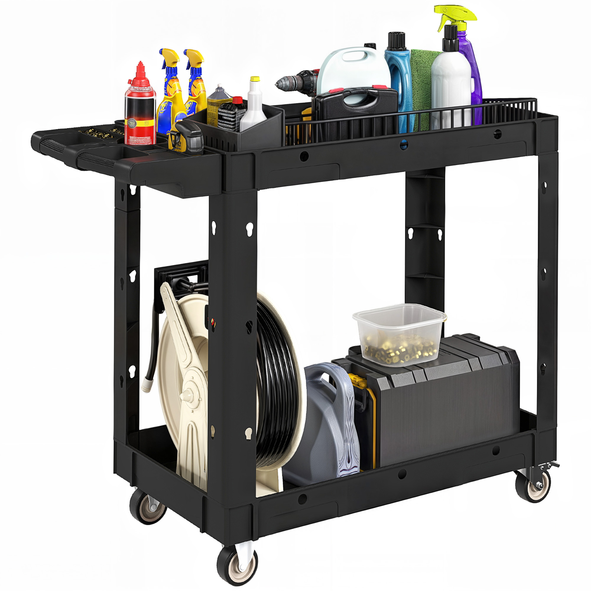 Chariot d'atelier 2 niveaux en plastique PP avec poignée latérale et roulettes, charge 227 kg, noir