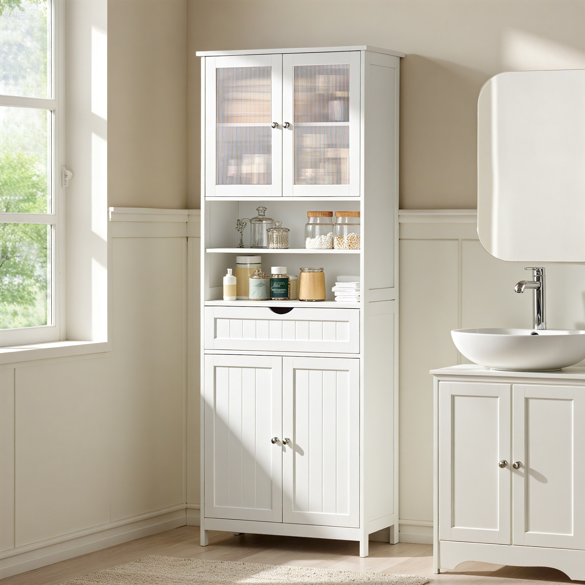 Armoire De Rangement Haute Avec Étagères Réglables, Placard Et Tiroir, Pour Salle De Bains, Cuisine, Salon, Blanc