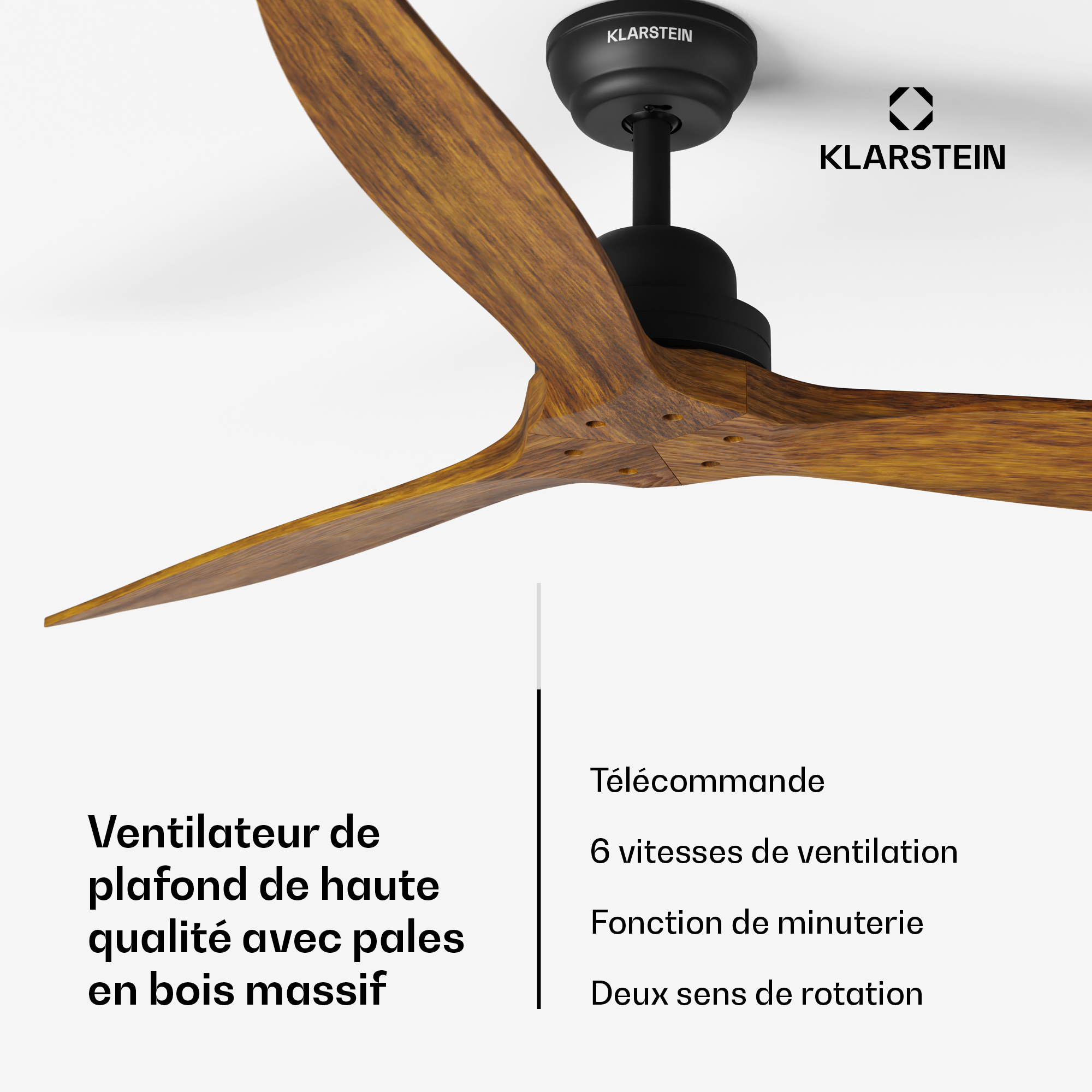 Klarstein - Deckenventilator - 52' (132 cm), 3 Echtholzflügel, 6 Geschwindigkeitsstufen, leiser Betrieb, 8H Timer, Sommer- & Wintermodus, inkl.