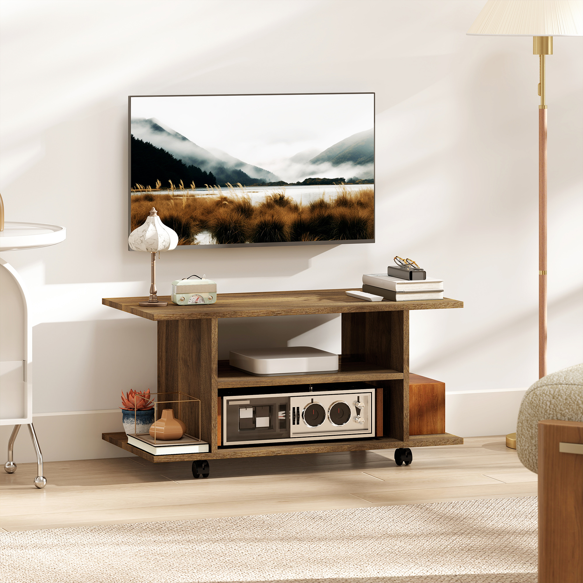 Meuble Tv Avec Roulettes 80 Cm, Meuble Télé Pour Téléviseur Jusqu'à 42 Pouces Avec Étagères Ouvertes, Noyer