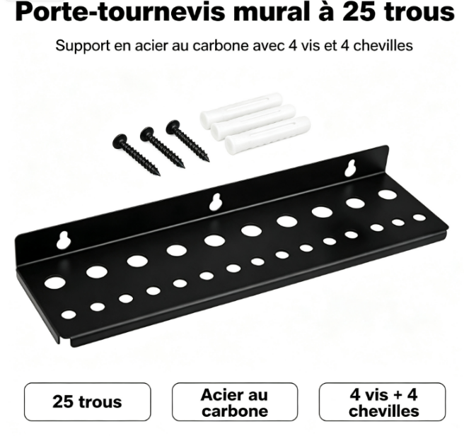 Support mural pour tournevis en acier au carbone, 25 trous, noir, vis et tubes d'expansion fournis