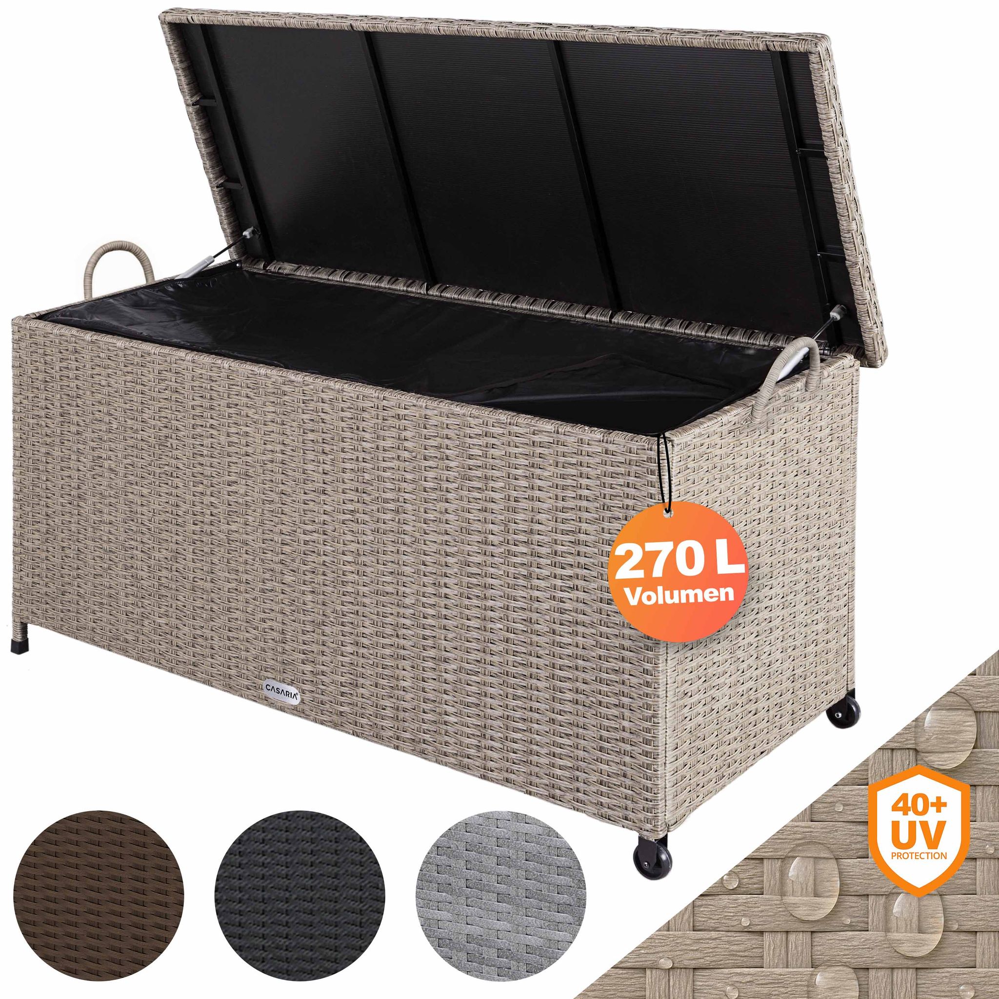 Casaria 420 Litre Polyrattan Garden Storage Box With Wheels Waterproof Uv Resistant Inner Lining 122x56x61cm Patio Furniture Cushion Chest With Gas Pressure