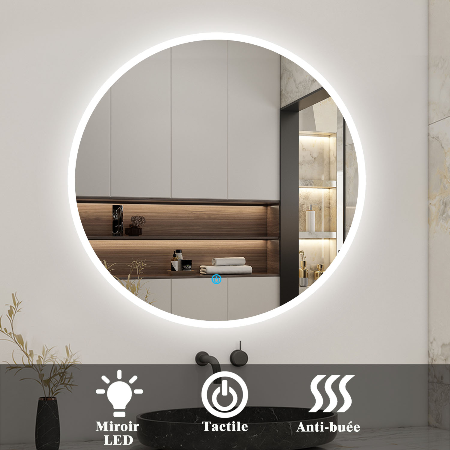 70cm Miroir Avec Anti-buée +1 Couleur Led + Luminosité Réglables Rond +