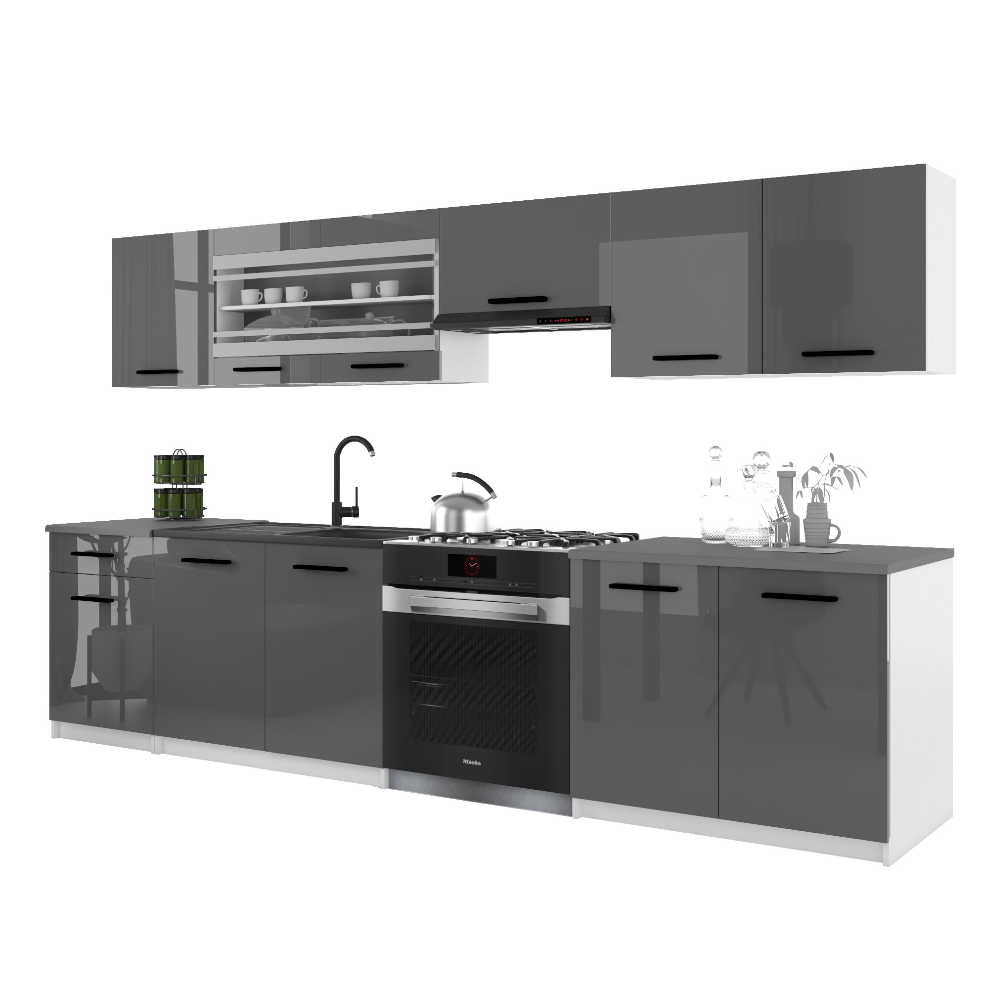 Belini Italia 4 Cuisine Equipée Modulaire Complète - 260 Cm. Meubles Hauts Bas Avec Plan De Travail, Gris Très Brillant