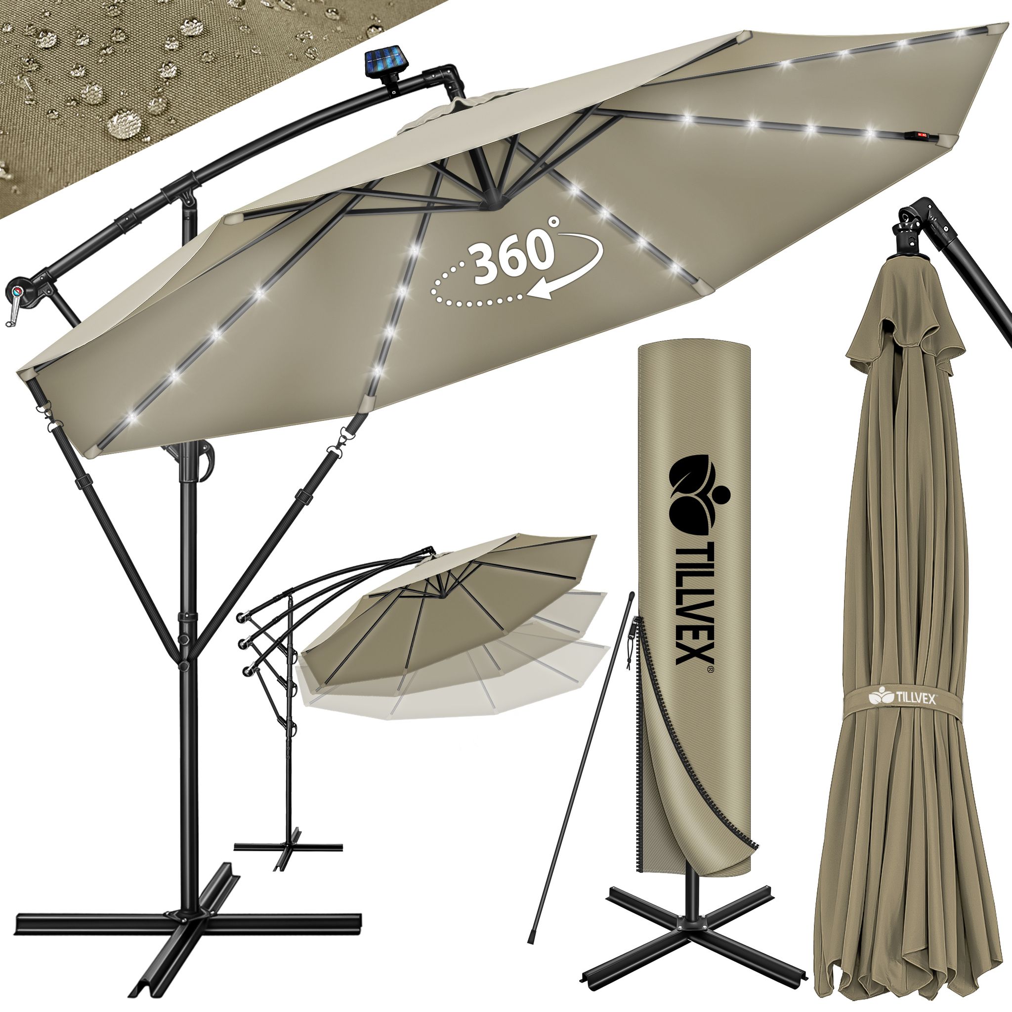 Tillvex – Parasol Déporté Solaire Led 300 Cm – Aluminium Avec Manivelle