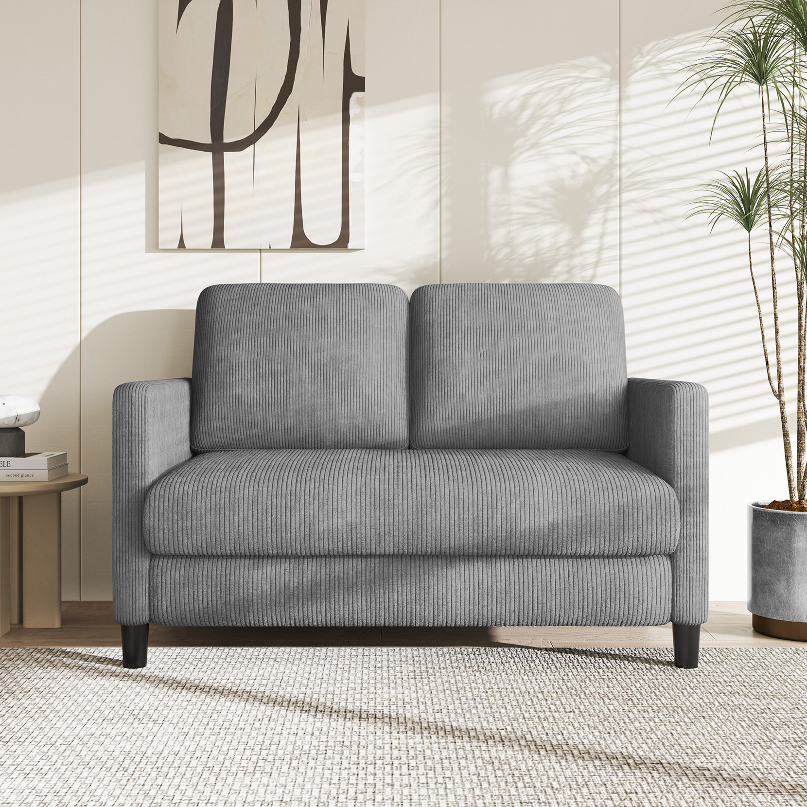 Neche – Canapé 2 Places Mini En Velours Côtelé Gris – 129 X 78 X 89 Cm