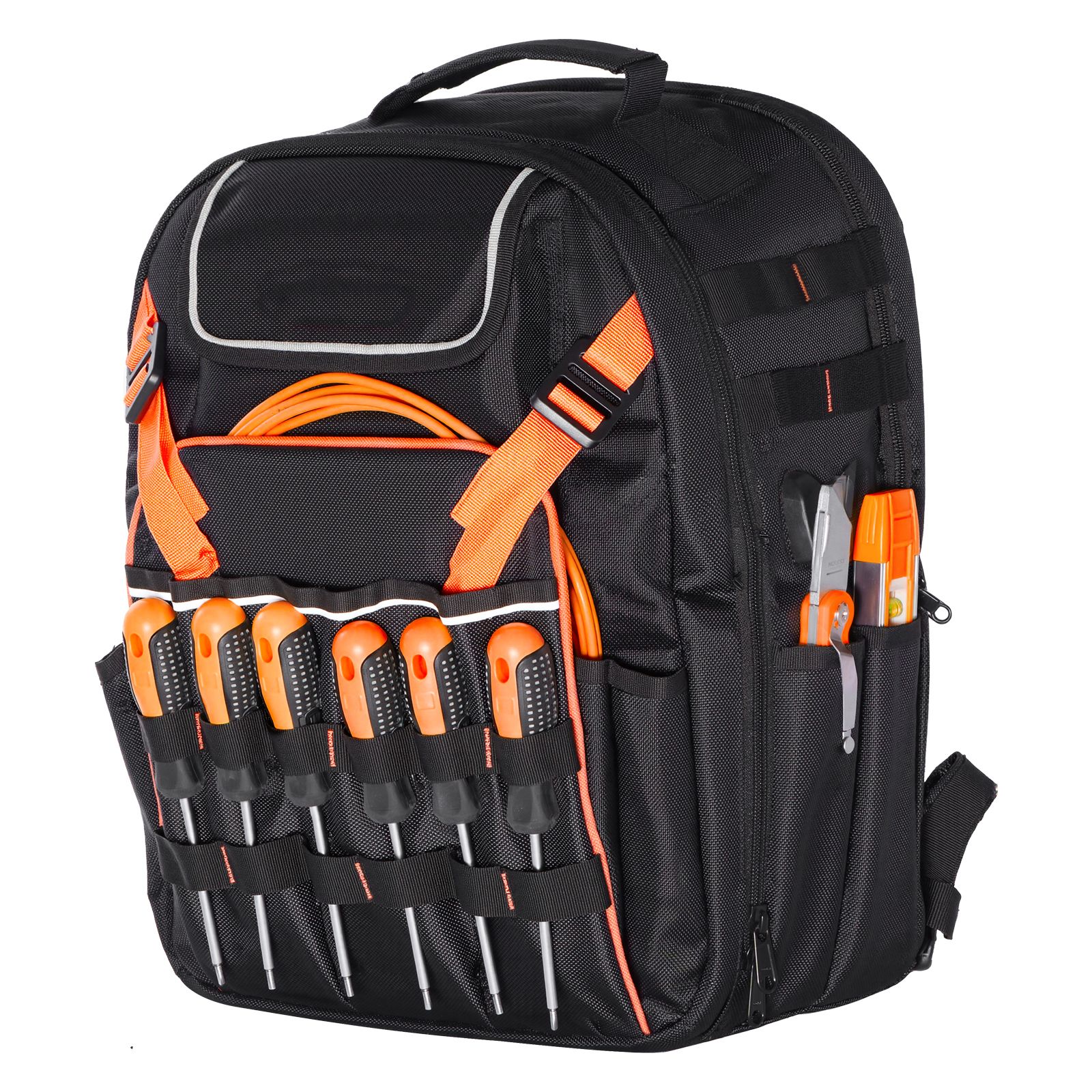 Sac à dos à outils 45 poches avec compartiment ordinateur portable, base renforcée, 33 x 22 x 44 cm