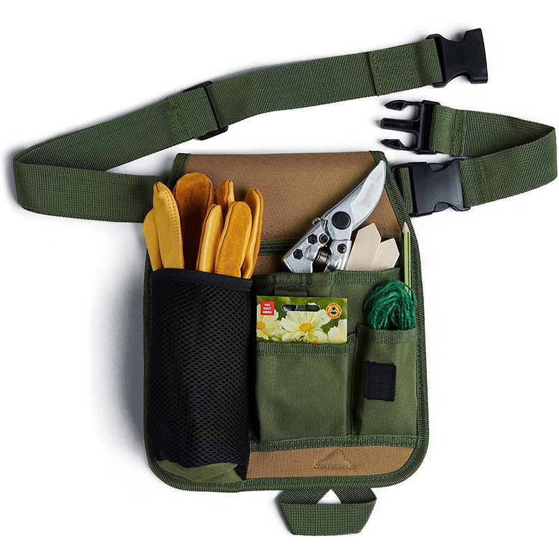 Sac à outils de jardin réglable en polyester et bois, vert, rangement pratique