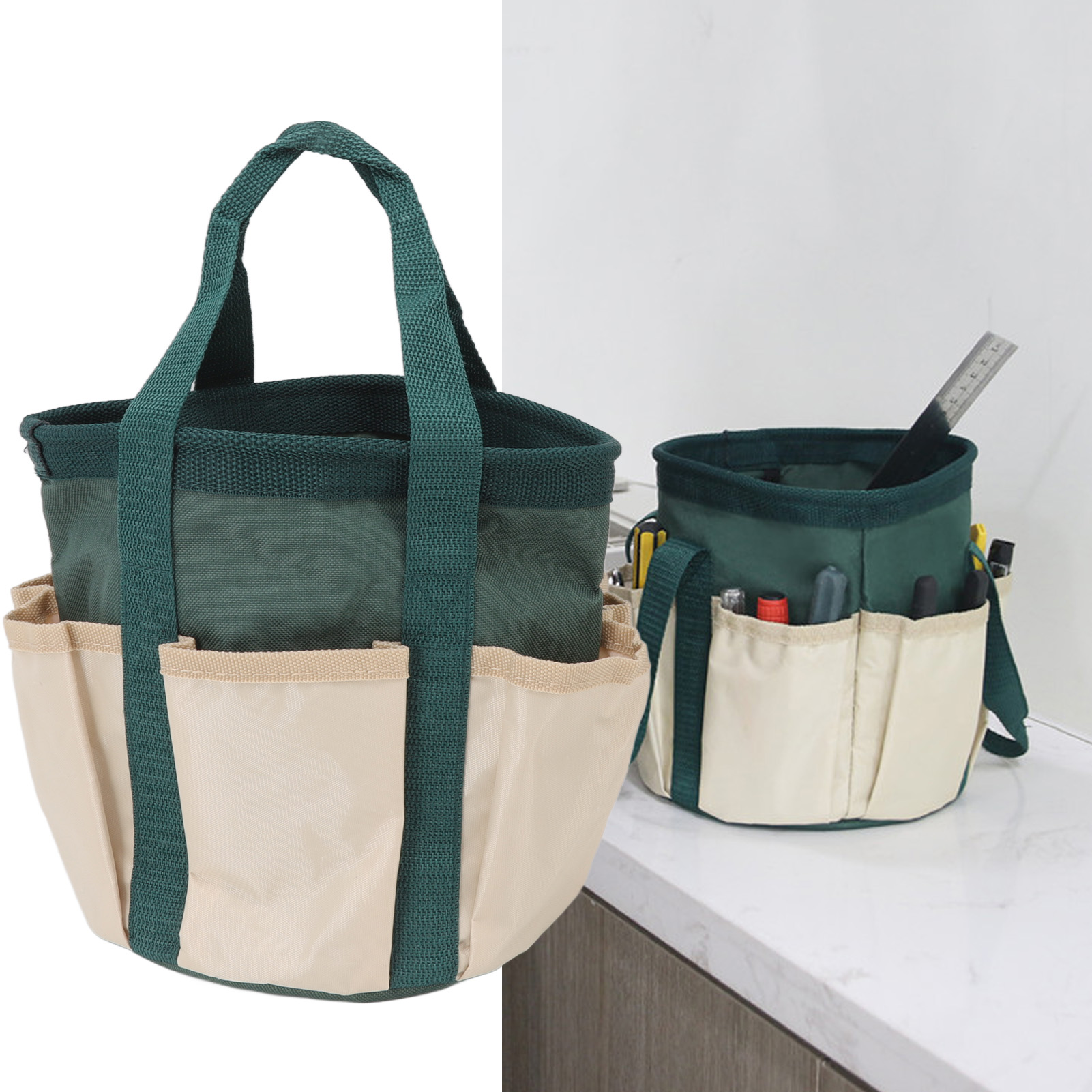 Sac à outils de jardin rond en tissu Oxford 600D, 6 poches, 20 x 20 x 19 cm, vert et beige