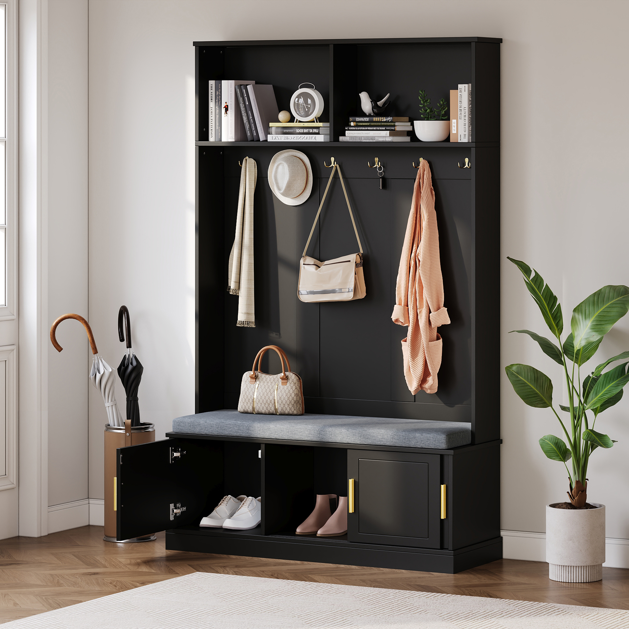 Stilvora Garderobe Mit 6 Haken, Schuhbank Und Offener Ablage, Freistehend, Moderner Stil, Aus Spanplatte, Schwarz, 120×40×191 Cm