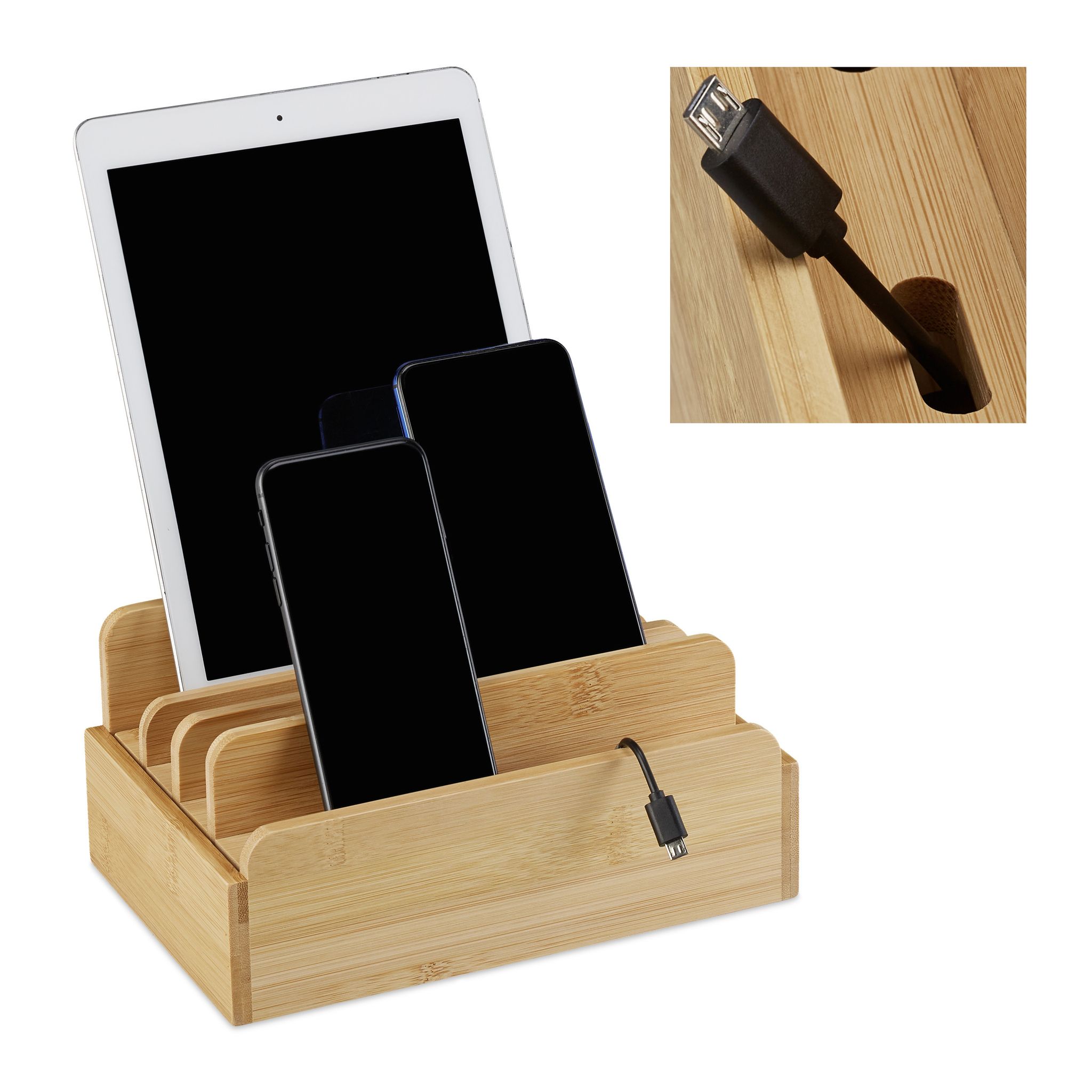 Relaxdays Charging Station, Tablet & Smartphone, Cable Organiser, H X W X D, 10 X 22.5 X 15, Bamboo, Natural