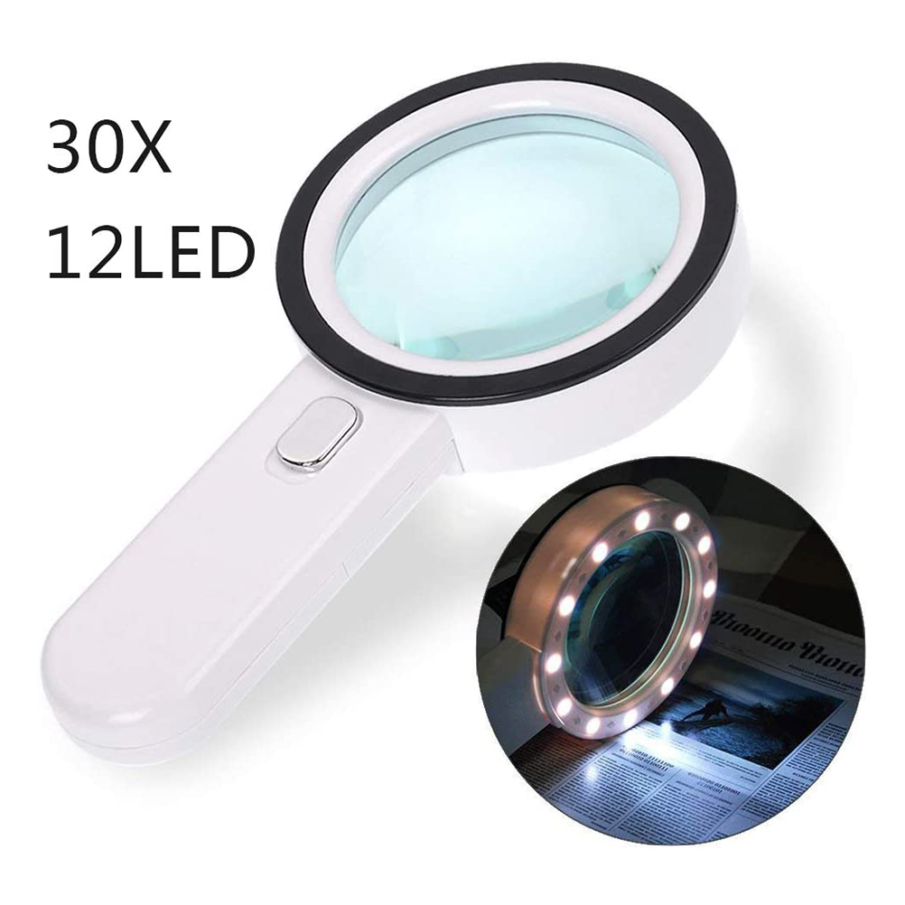 Loupe de poche 30x à double lentille en verre véritable avec LED, poignée ergonomique