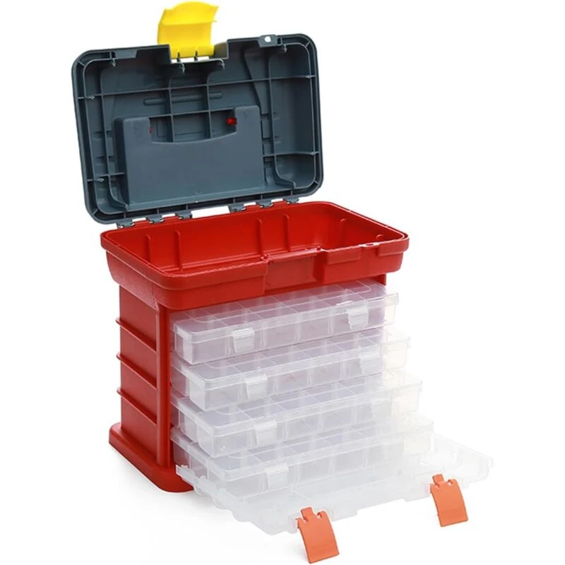 Boîte à outils 4 niveaux à 72 compartiments, poignée rétractable, rouge