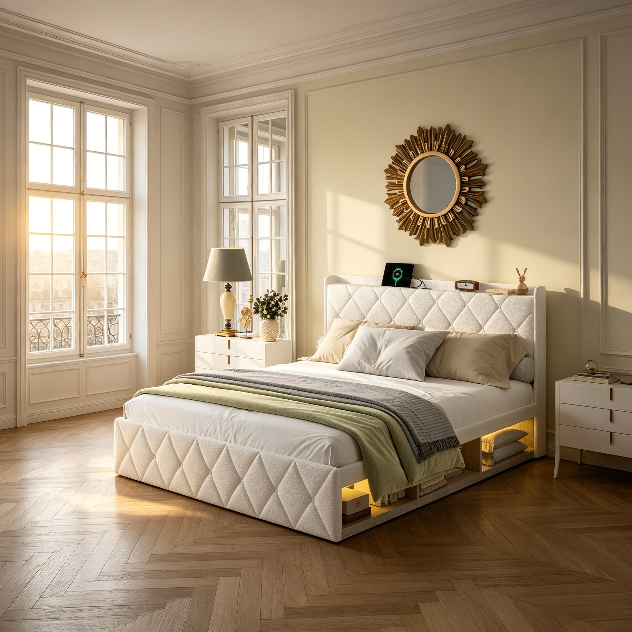 Lit Capitonné 160x200 Cm Avec Espace De Rangement Et Éclairage Led