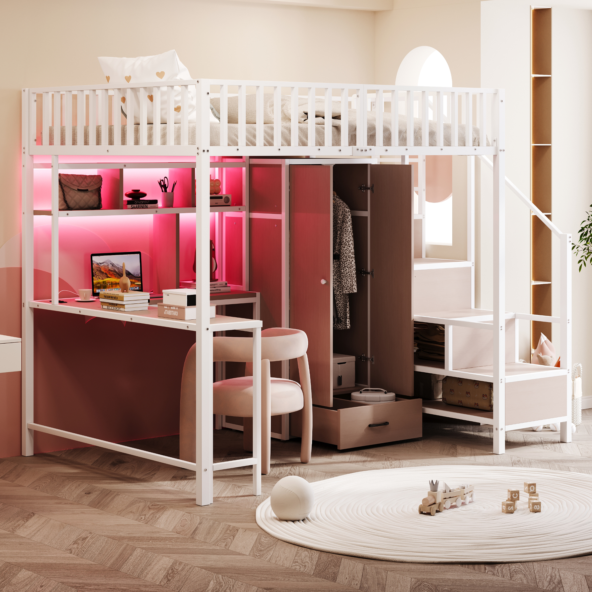 Lit Mezzanine Métal 140x200 Avec Bureau, Étagères, Armoire Et Tiroirs, Led Usb, Blanc