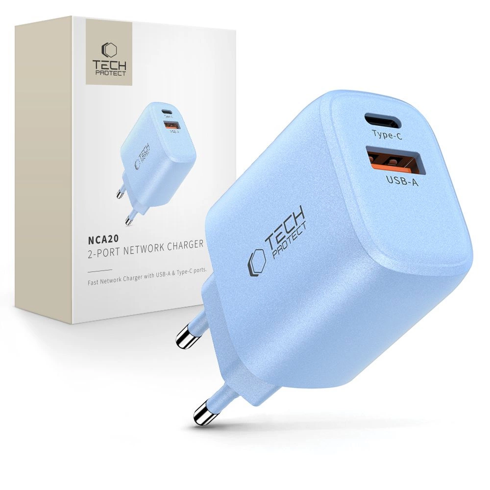 Tech-Protect NCA20 PD 20W QC3.0 USB-A / USB-C Wandladegerät - Blau (20 W, 2 Ports), USB Ladegerät, Blau - Bild 3