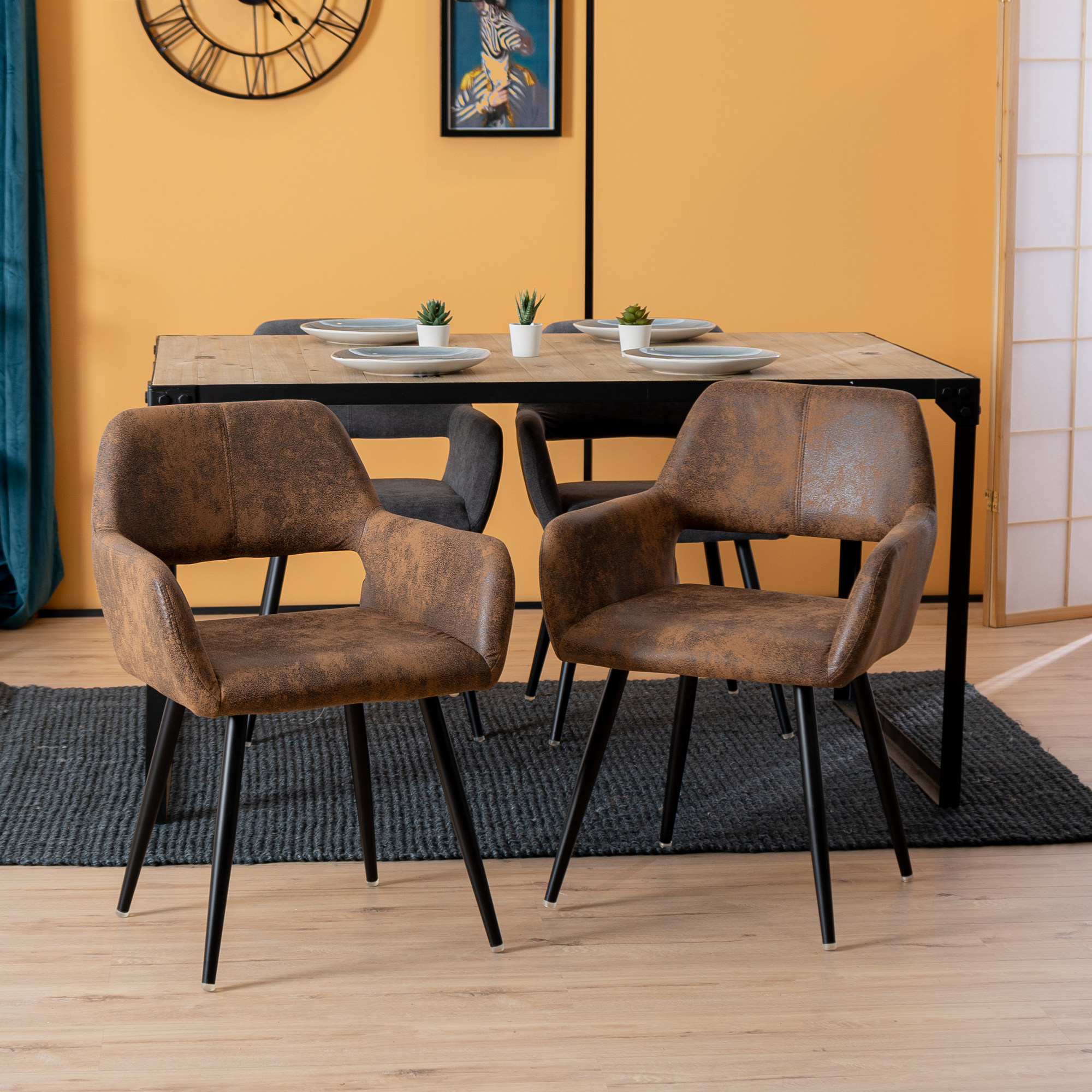 Lot De 2 Chaises De Salle À Manger Fauteuil Rétro Vintage Assise Rembourrée En En Suédine Pieds En Métal Pour Cuisine Salon Chambre Bureau, Brune, Marron - Meubles Cosy