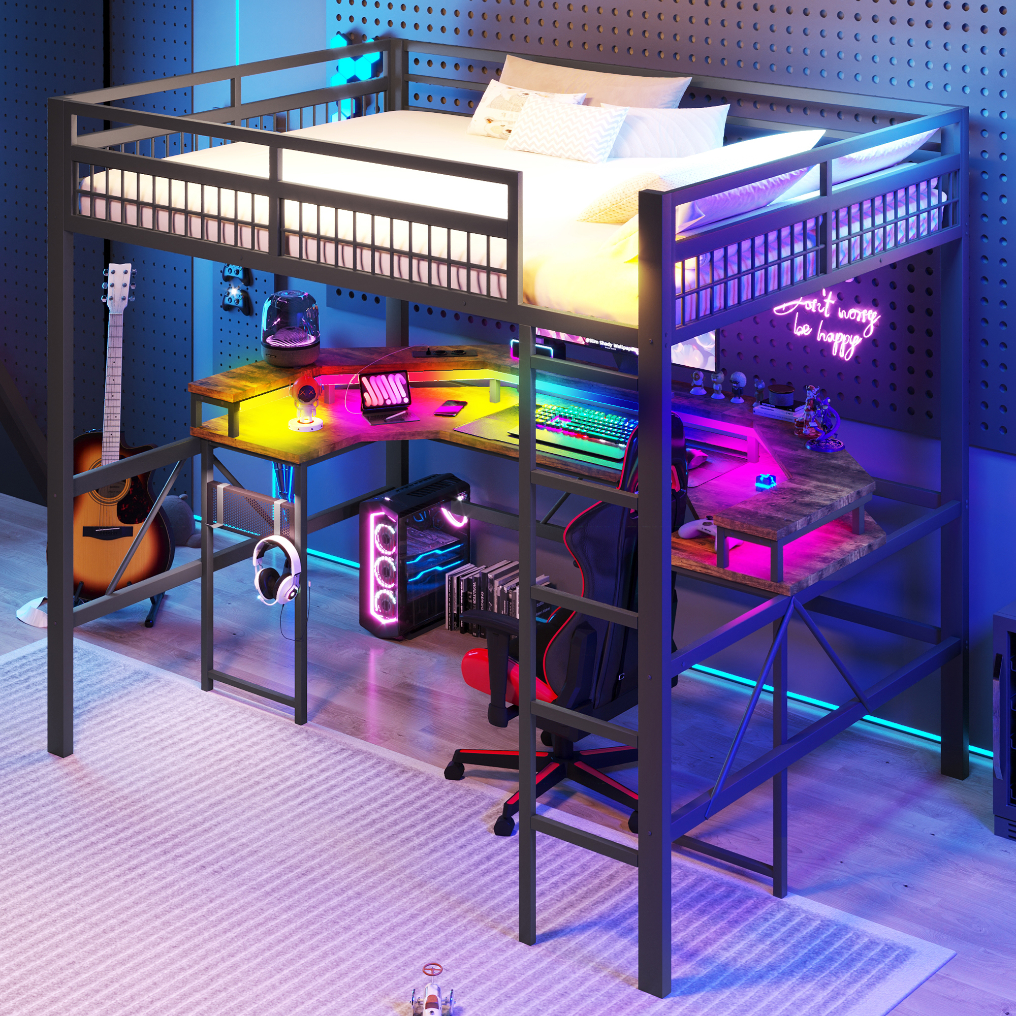 Stilvora Hochbett 140 X 200 Cm Mit Schreibtisch, Einstellbarer Led, Usb, Typ-c Und 2 Steckdosen, Ohne Matratze, Aus Metall, Schwarz