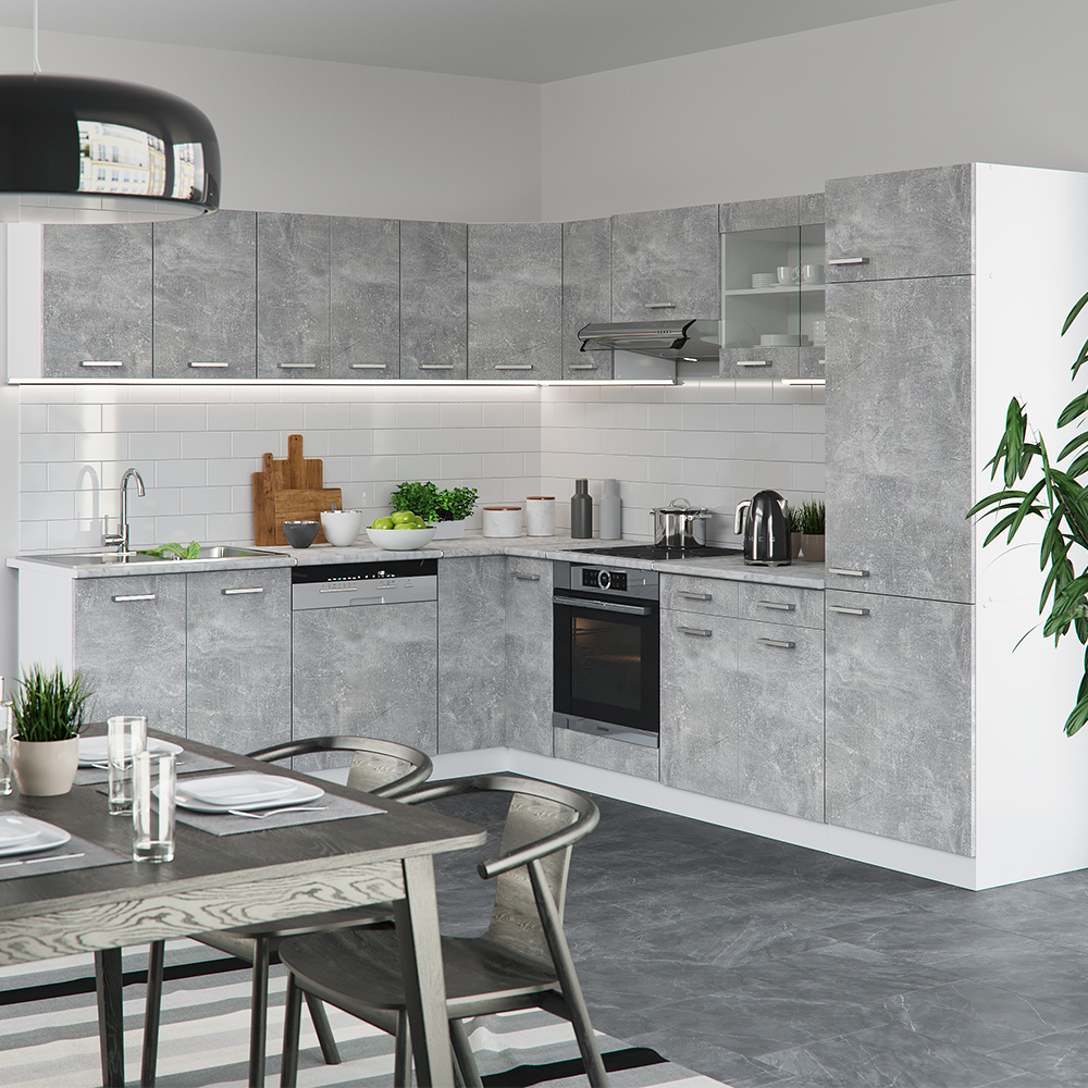 Vicco - Cuisine en angle R-Line, Béton, 227 x 287 cm sans plan de travail