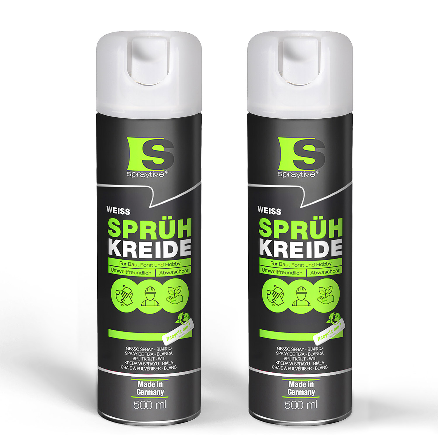 Spraytive 2x 500ml Sprühkreide Weiß - Abwaschbare Leuchtende Kreidefarbe, Outdoor Kreidespray, Bodenmarkierung, Temporäres Markierungsspray